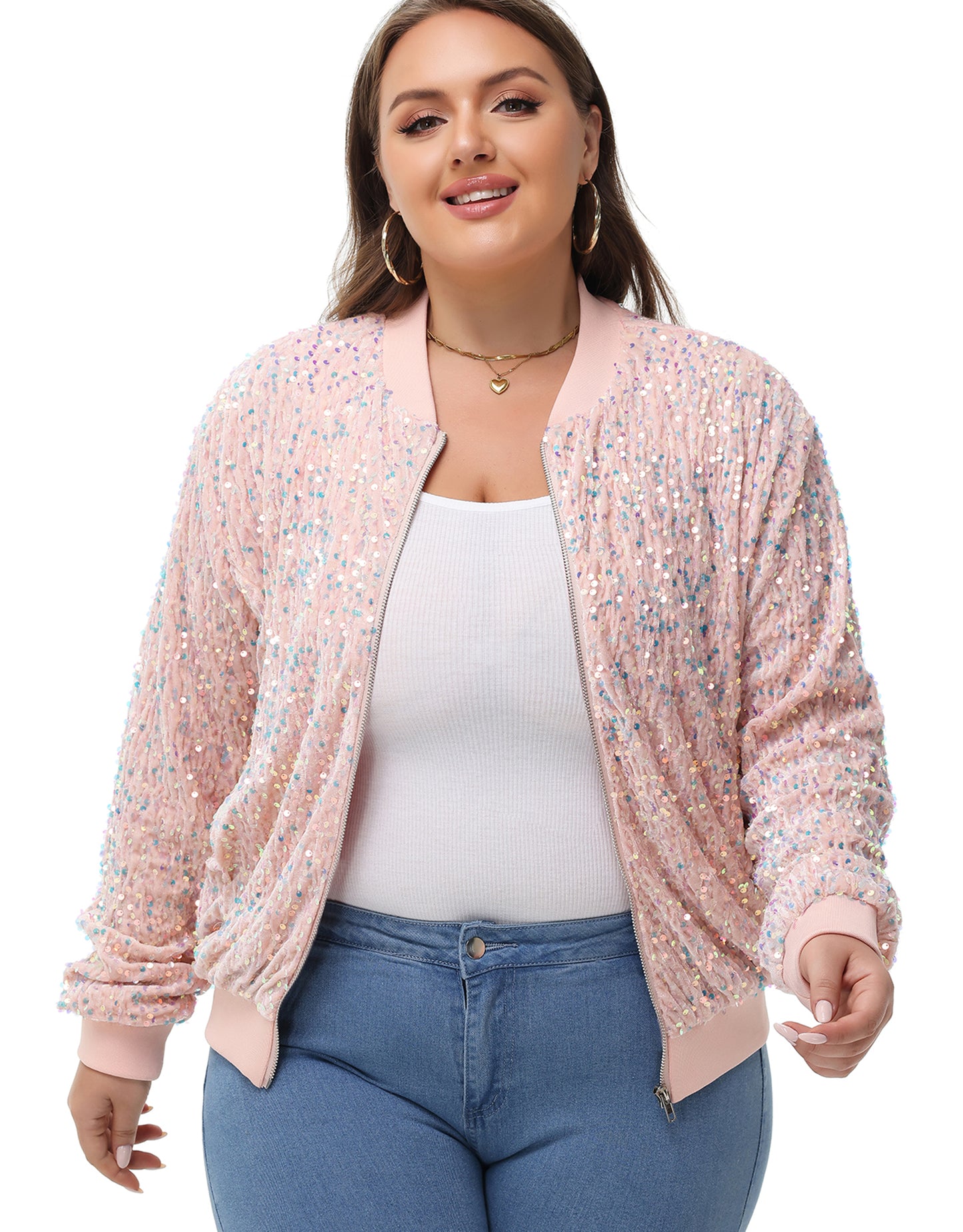 Anna-Kaci Women's Sequin Jacket Plus Size Sparkly Zip Bomber Coat With Pockets For Concert Party