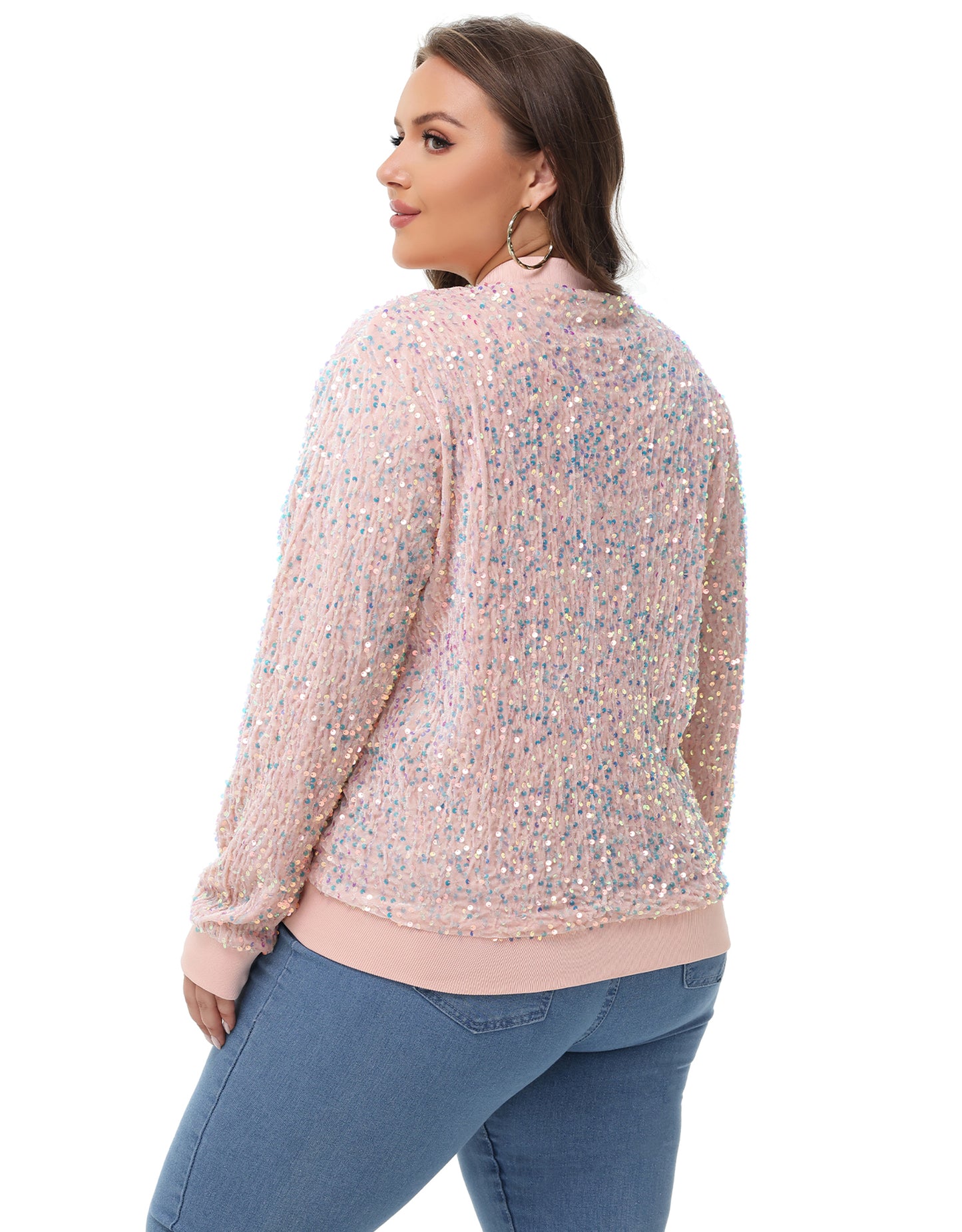 Anna-Kaci Women's Sequin Jacket Plus Size Sparkly Zip Bomber Coat With Pockets For Concert Party