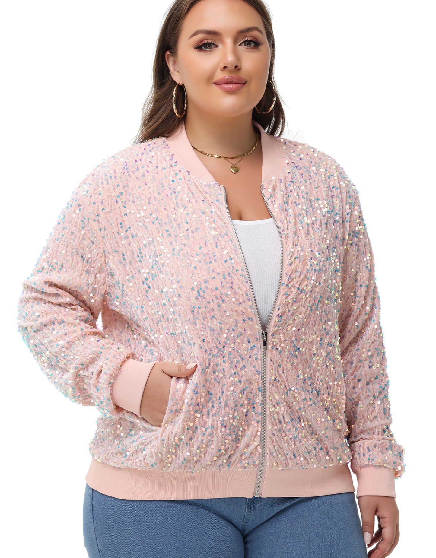 Anna-Kaci Women's Sequin Jacket Plus Size Sparkly Zip Bomber Coat With Pockets For Concert Party
