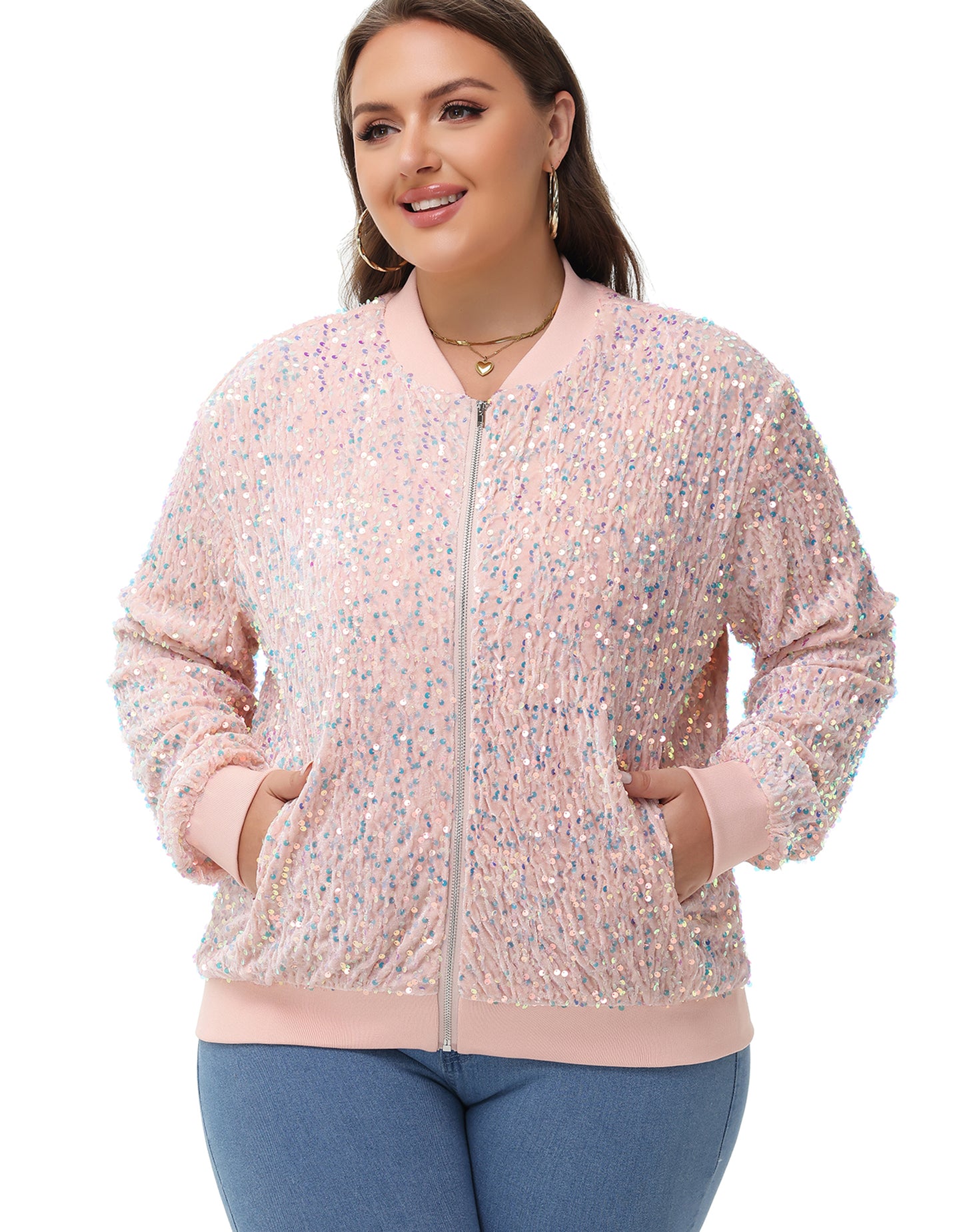 Anna-Kaci Women's Sequin Jacket Plus Size Sparkly Zip Bomber Coat With Pockets For Concert Party