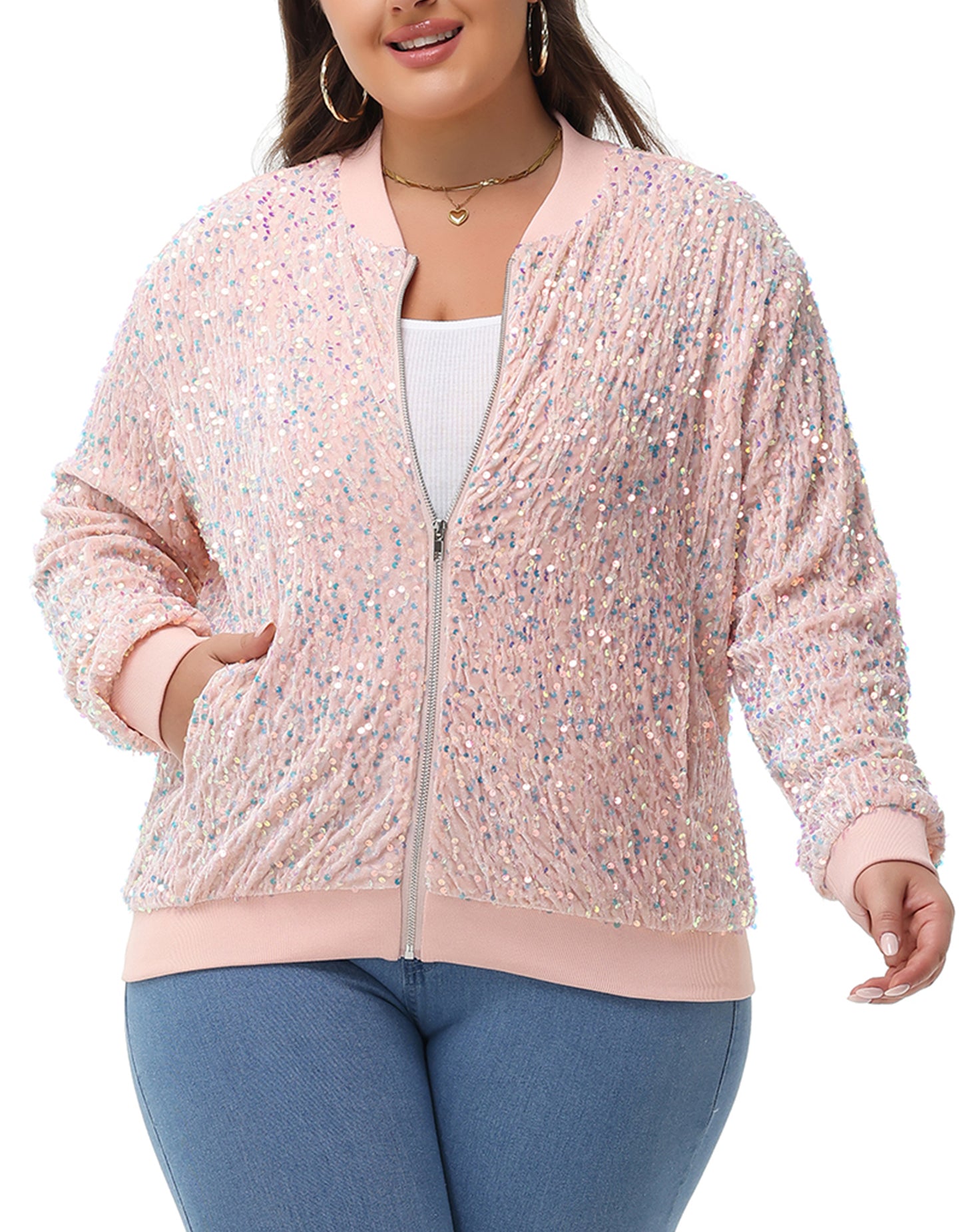 Anna-Kaci Women's Sequin Jacket Plus Size Sparkly Zip Bomber Coat With Pockets For Concert Party