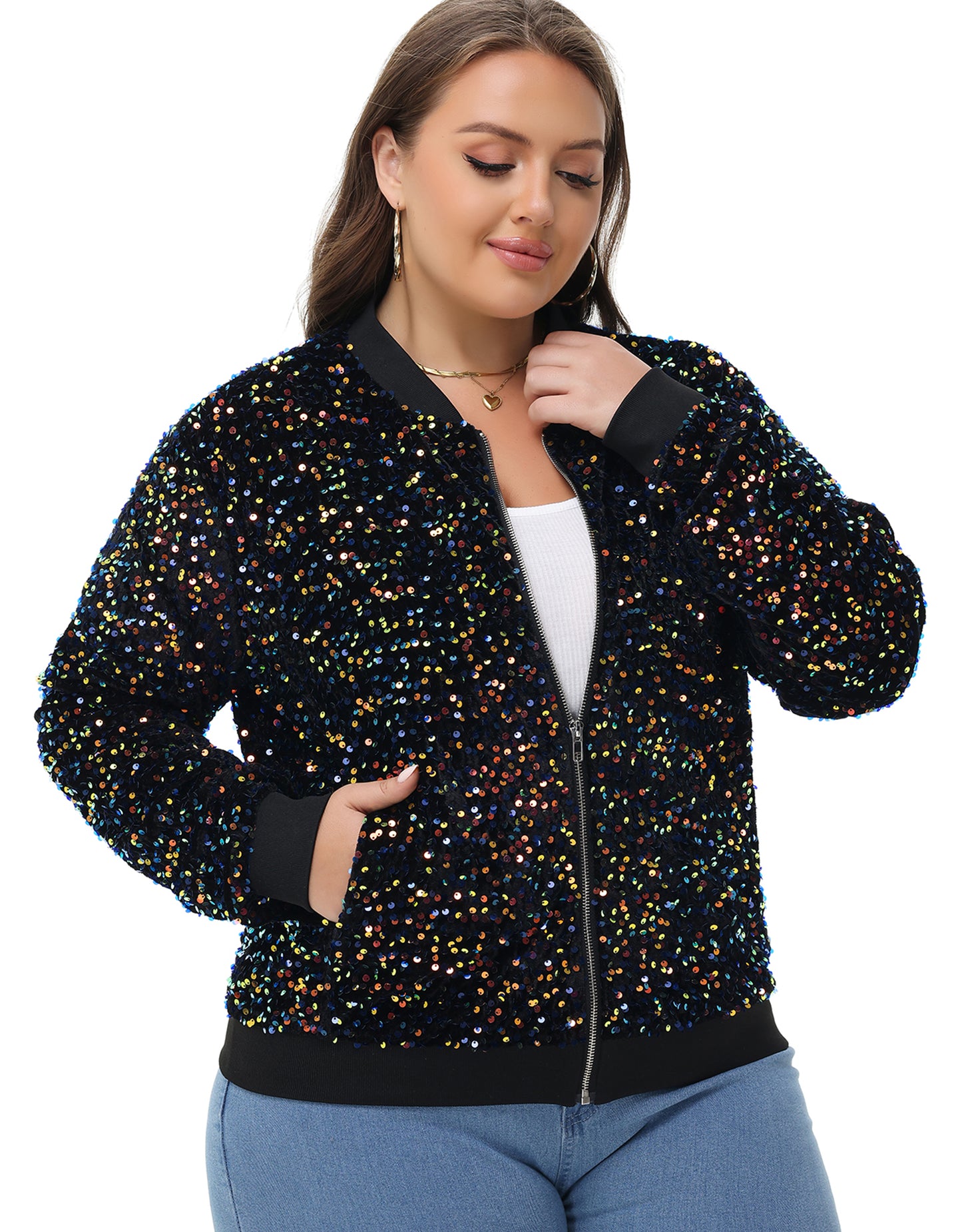 Anna-Kaci Women's Sequin Jacket Plus Size Sparkly Zip Bomber Coat With Pockets For Concert Party