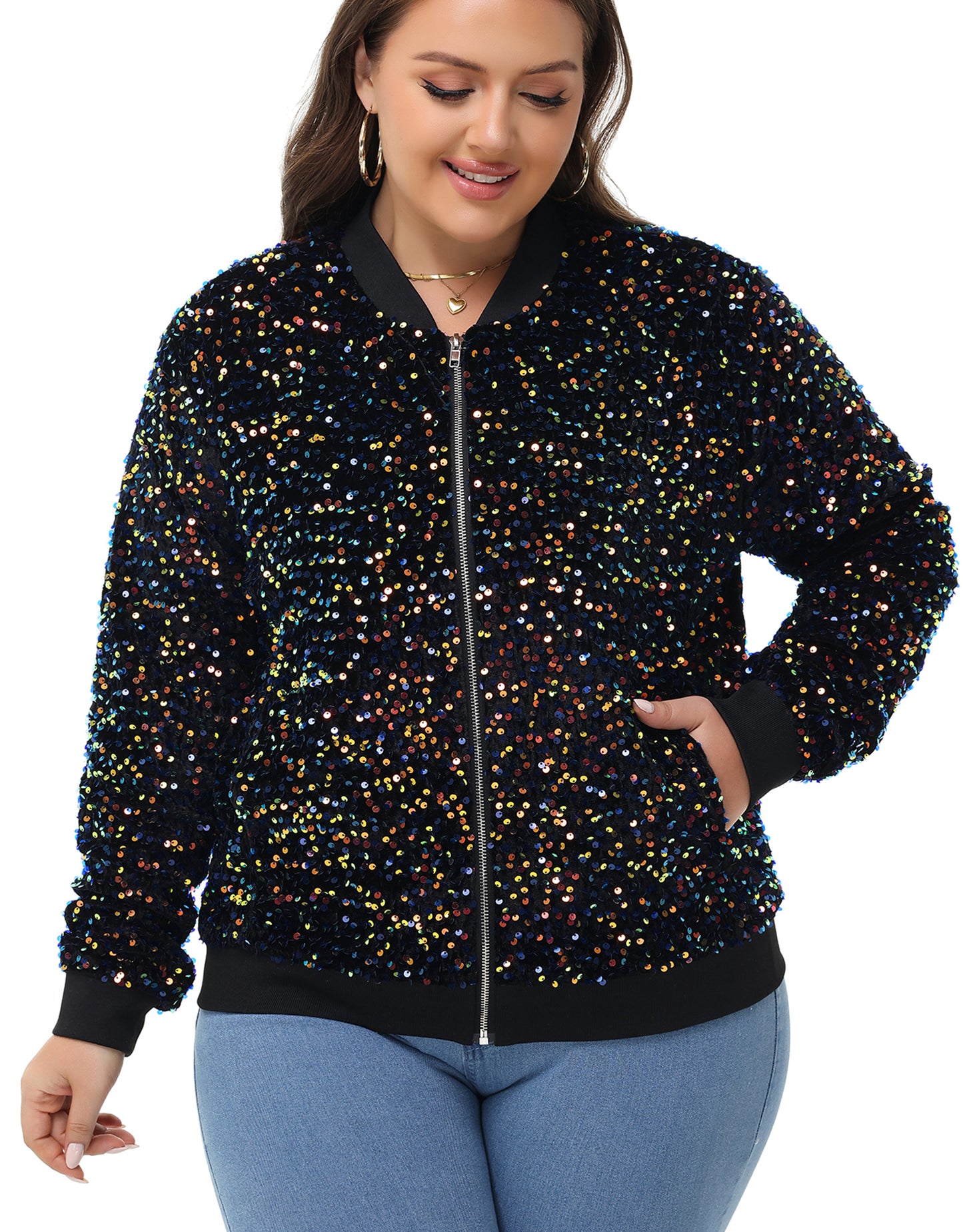 Anna-Kaci Women's Sequin Jacket Plus Size Sparkly Zip Bomber Coat With Pockets For Concert Party