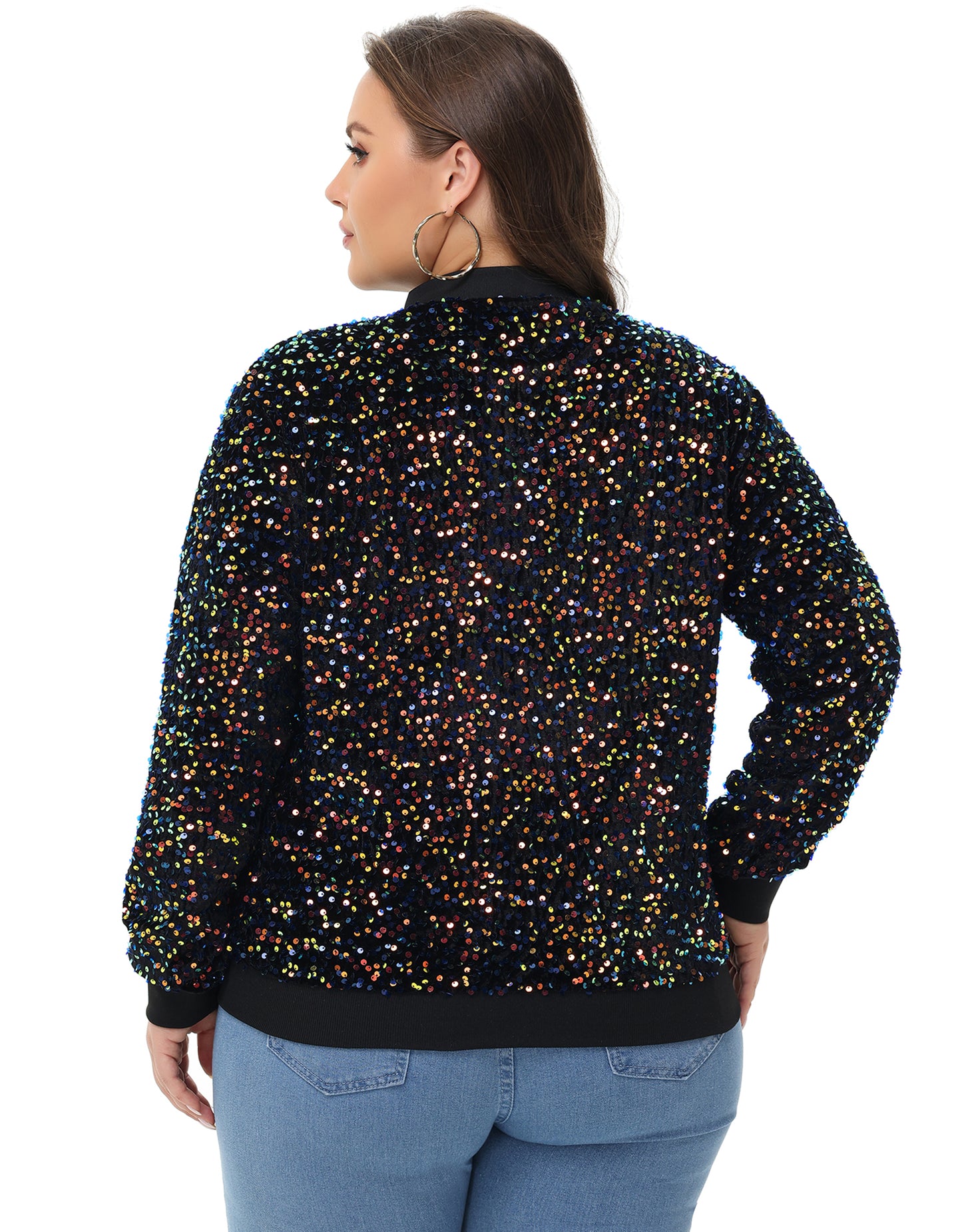 Anna-Kaci Women's Sequin Jacket Plus Size Sparkly Zip Bomber Coat With Pockets For Concert Party