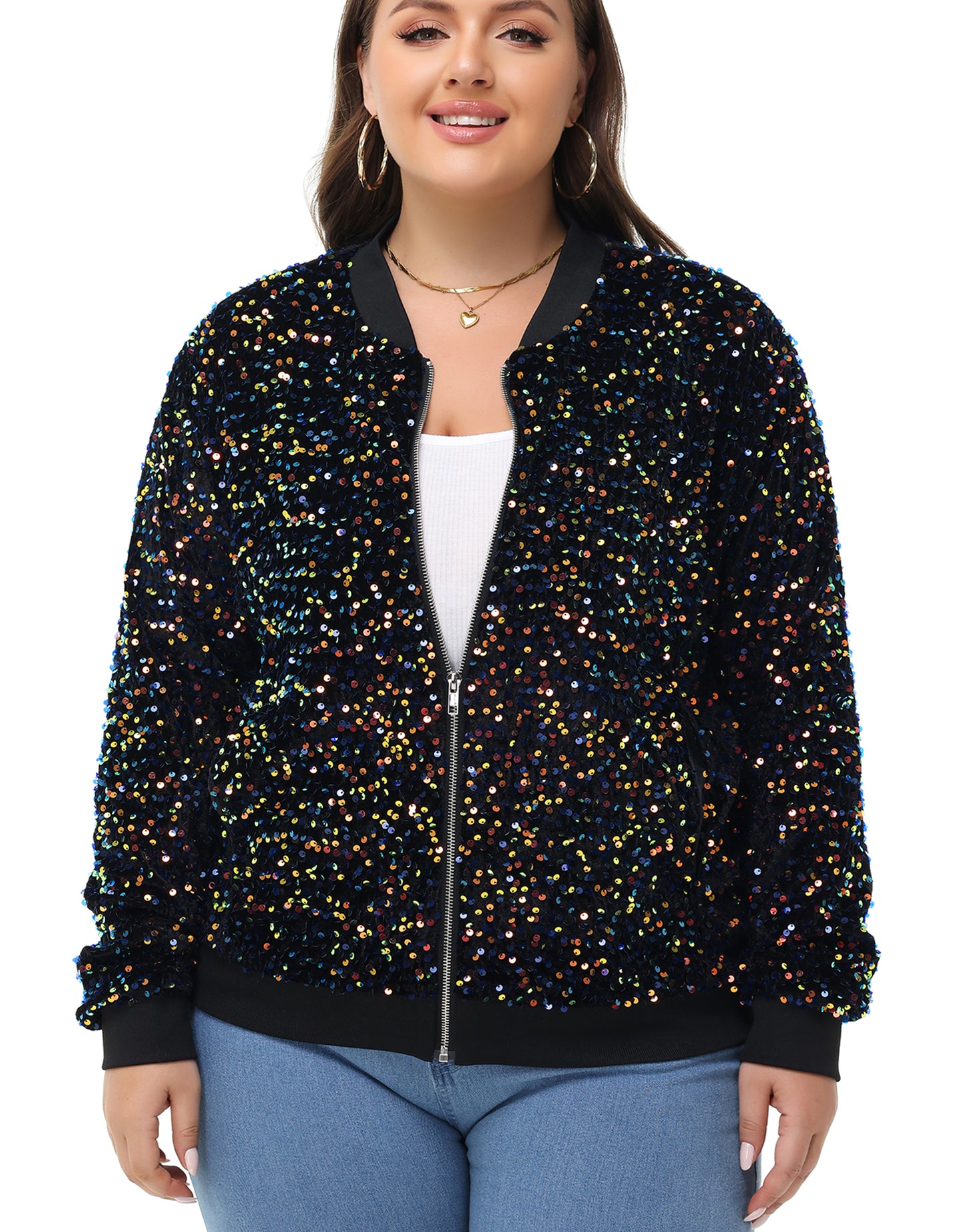 Anna-Kaci Women's Sequin Jacket Plus Size Sparkly Zip Bomber Coat With Pockets For Concert Party