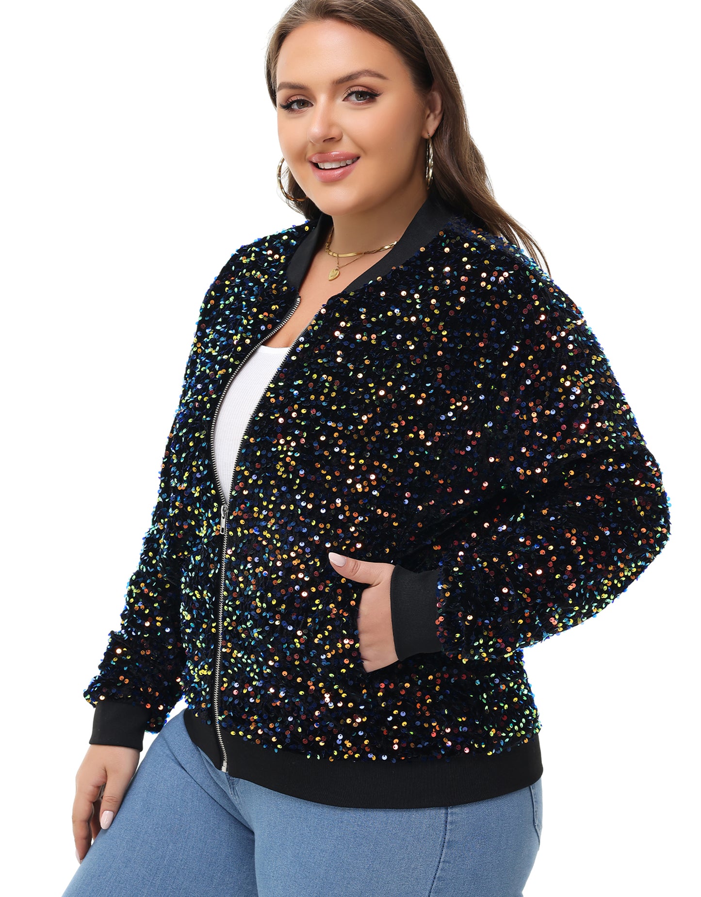 Anna-Kaci Women's Sequin Jacket Plus Size Sparkly Zip Bomber Coat With Pockets For Concert Party