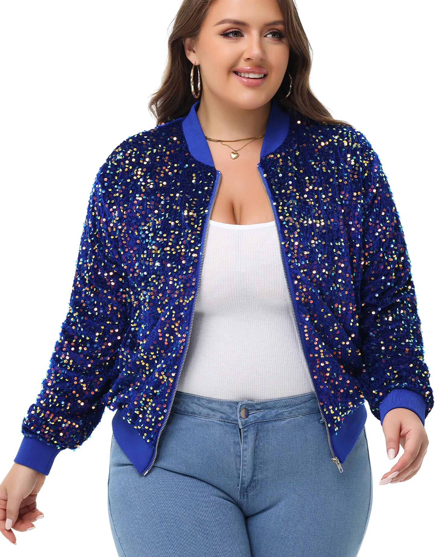 Anna-Kaci Women's Sequin Jacket Plus Size Sparkly Zip Bomber Coat With Pockets For Concert Party