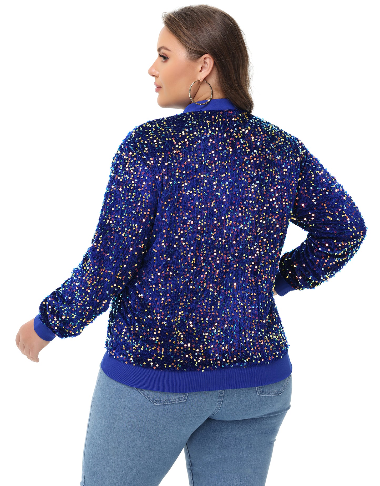 Anna-Kaci Women's Sequin Jacket Plus Size Sparkly Zip Bomber Coat With Pockets For Concert Party