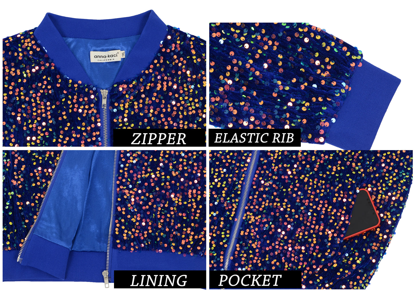 Anna-Kaci Women's Sequin Jacket Plus Size Sparkly Zip Bomber Coat With Pockets For Concert Party