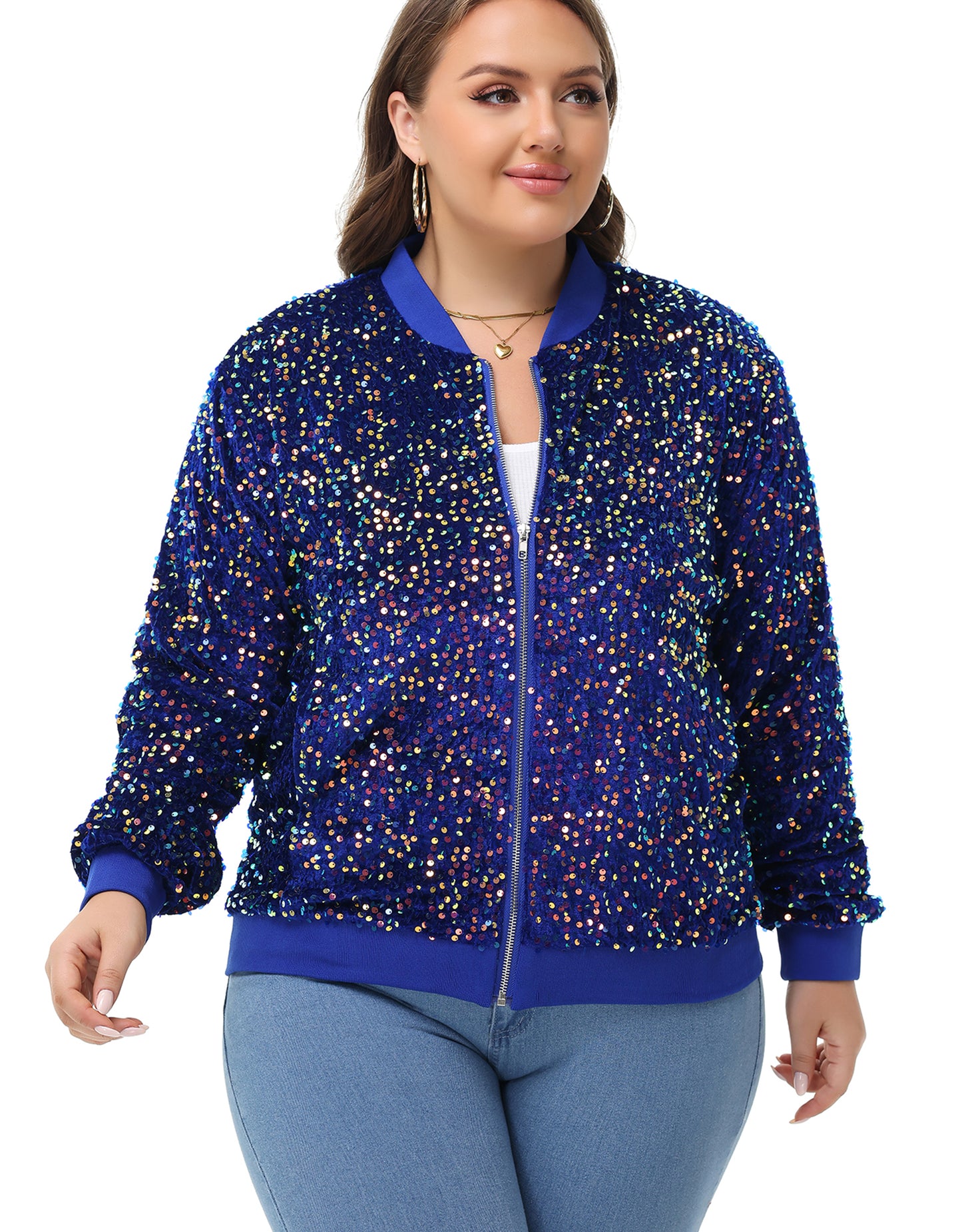 Anna-Kaci Women's Sequin Jacket Plus Size Sparkly Zip Bomber Coat With Pockets For Concert Party