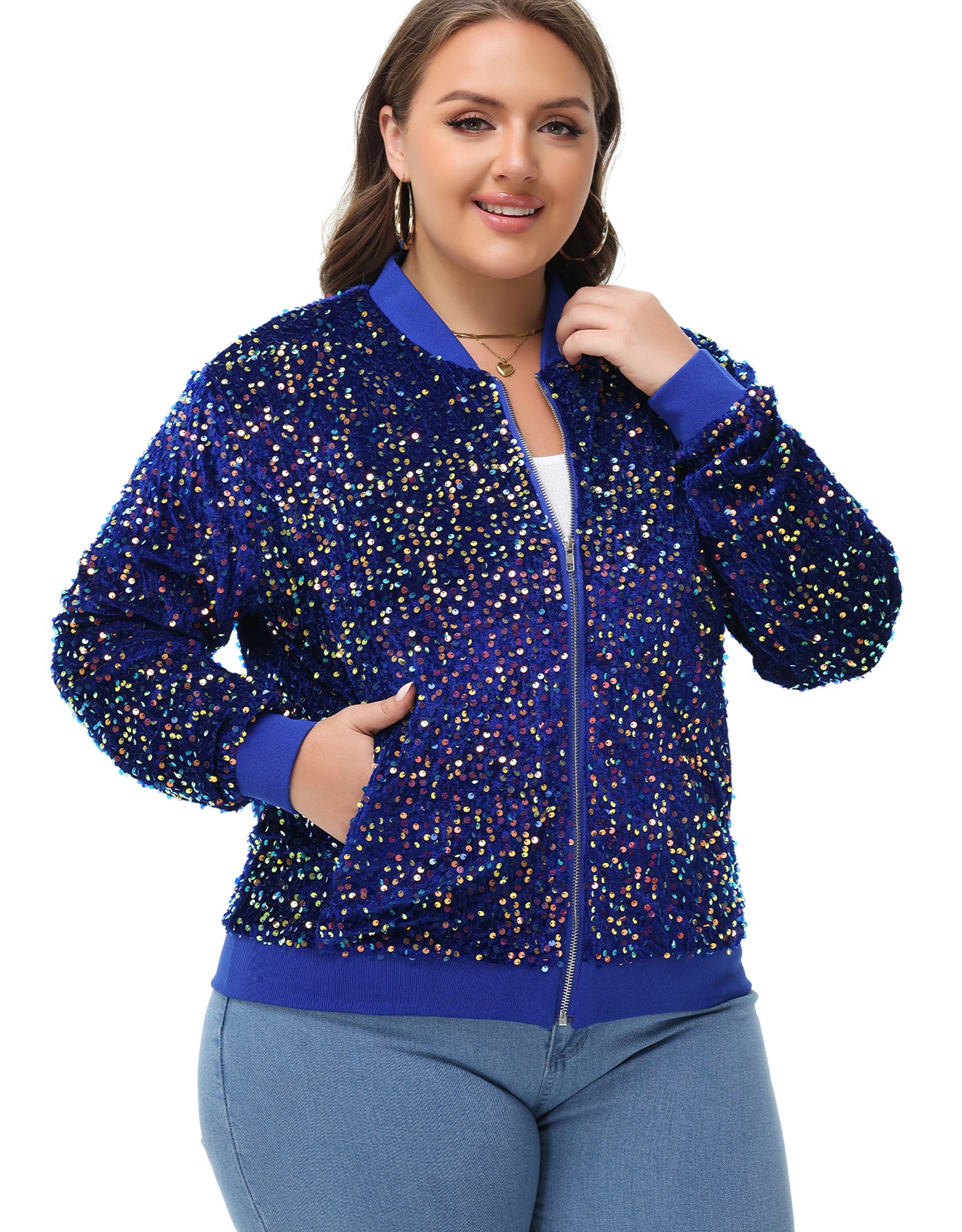 Anna-Kaci Women's Sequin Jacket Plus Size Sparkly Zip Bomber Coat With Pockets For Concert Party