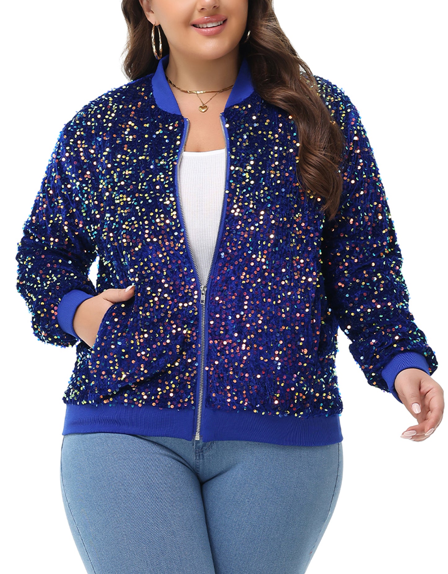 Anna-Kaci Women's Sequin Jacket Plus Size Sparkly Zip Bomber Coat With Pockets For Concert Party