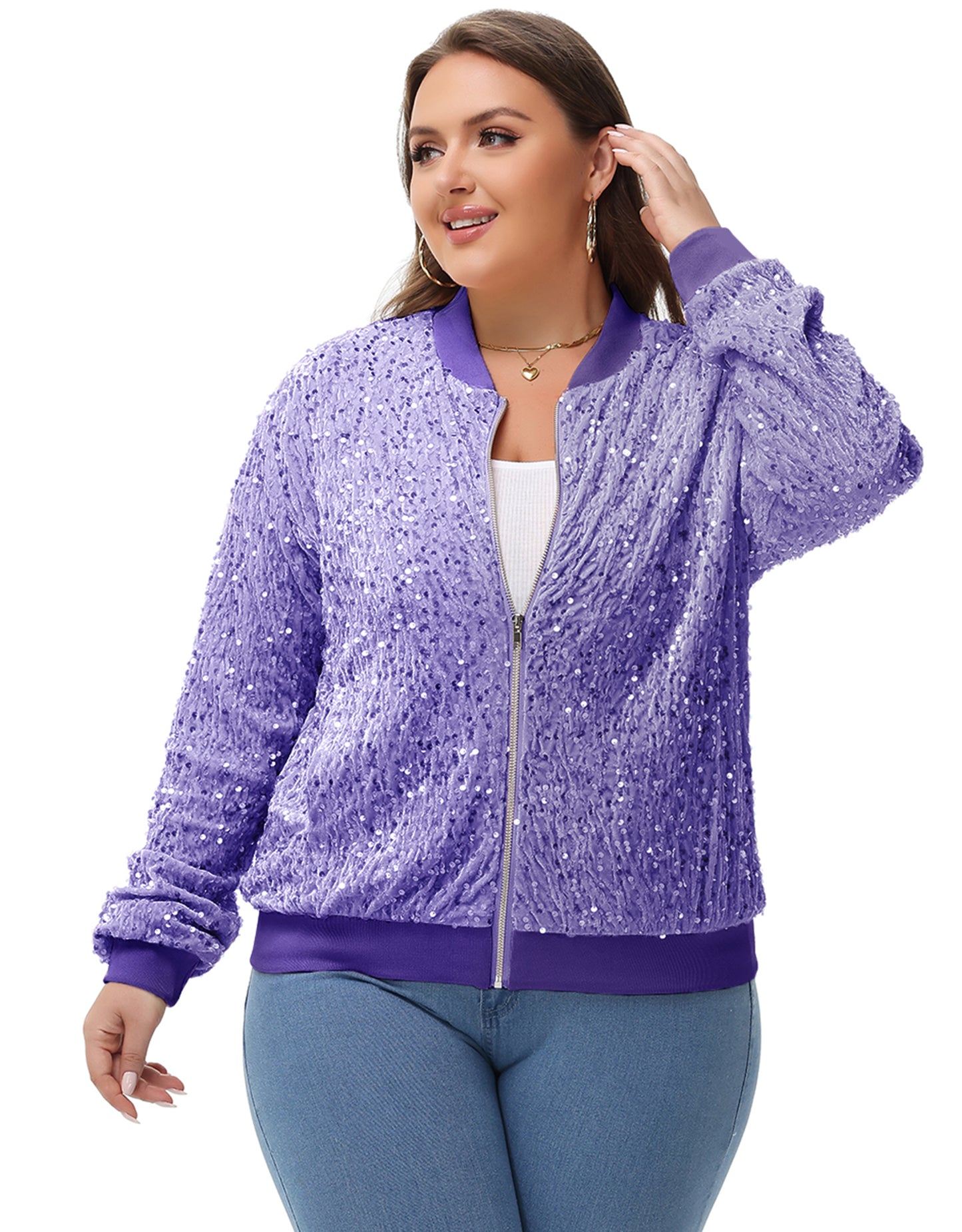 Anna-Kaci Women's Sequin Jacket Plus Size Sparkly Zip Bomber Coat With Pockets For Concert Party