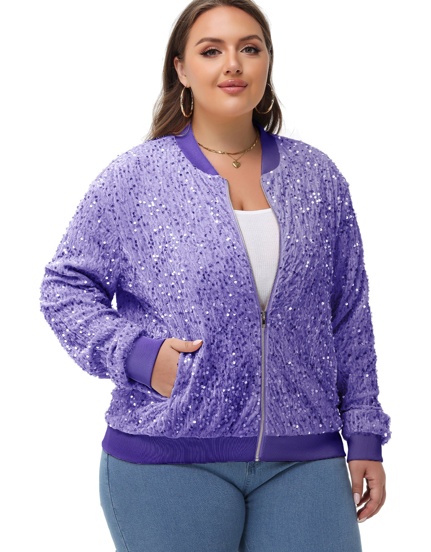 Anna-Kaci Women's Sequin Jacket Plus Size Sparkly Zip Bomber Coat With Pockets For Concert Party