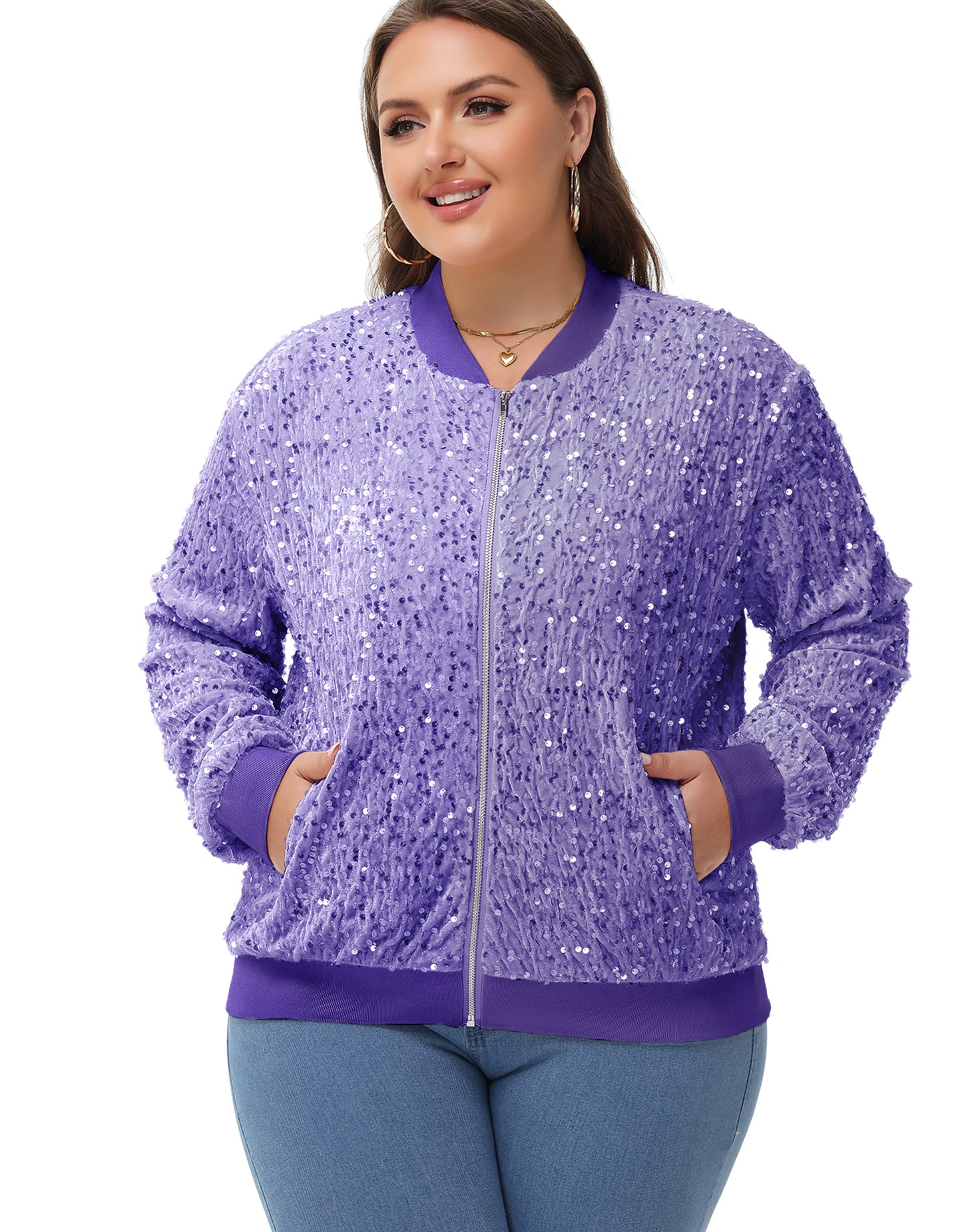 Anna-Kaci Women's Sequin Jacket Plus Size Sparkly Zip Bomber Coat With Pockets For Concert Party