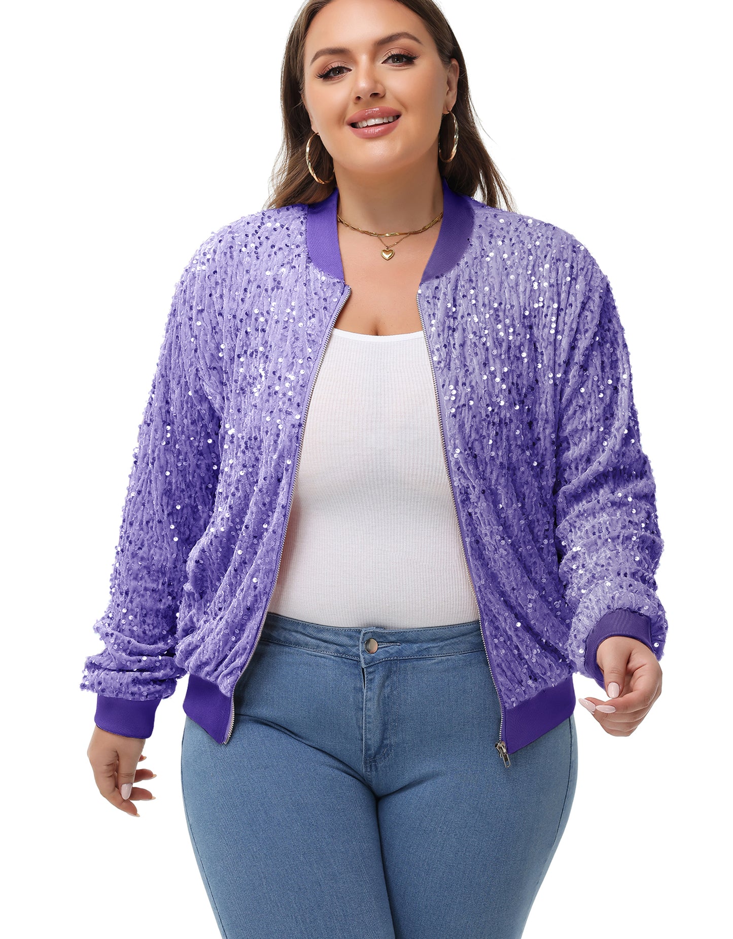 Anna-Kaci Women's Sequin Jacket Plus Size Sparkly Zip Bomber Coat With Pockets For Concert Party