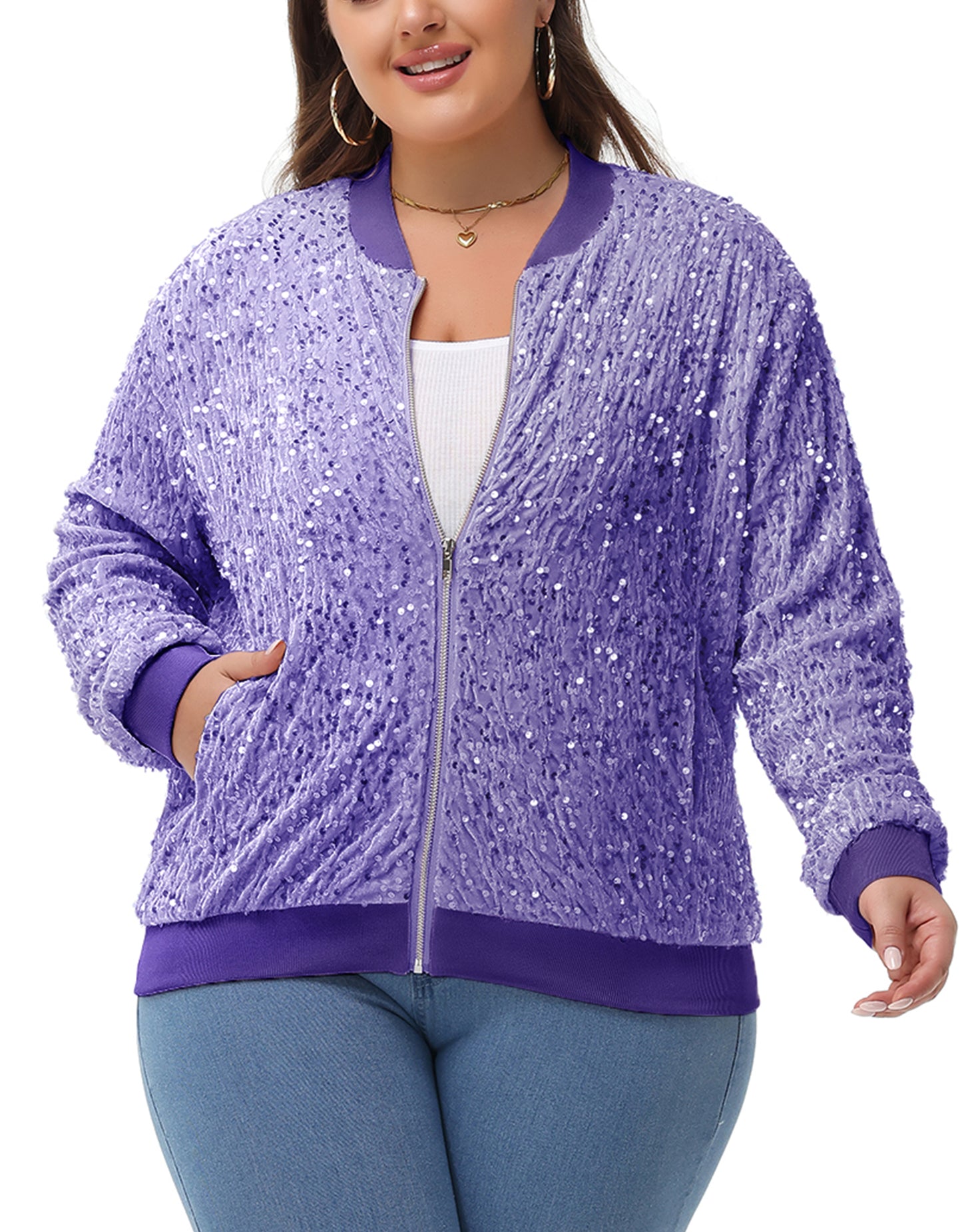 Anna-Kaci Women's Sequin Jacket Plus Size Sparkly Zip Bomber Coat With Pockets For Concert Party