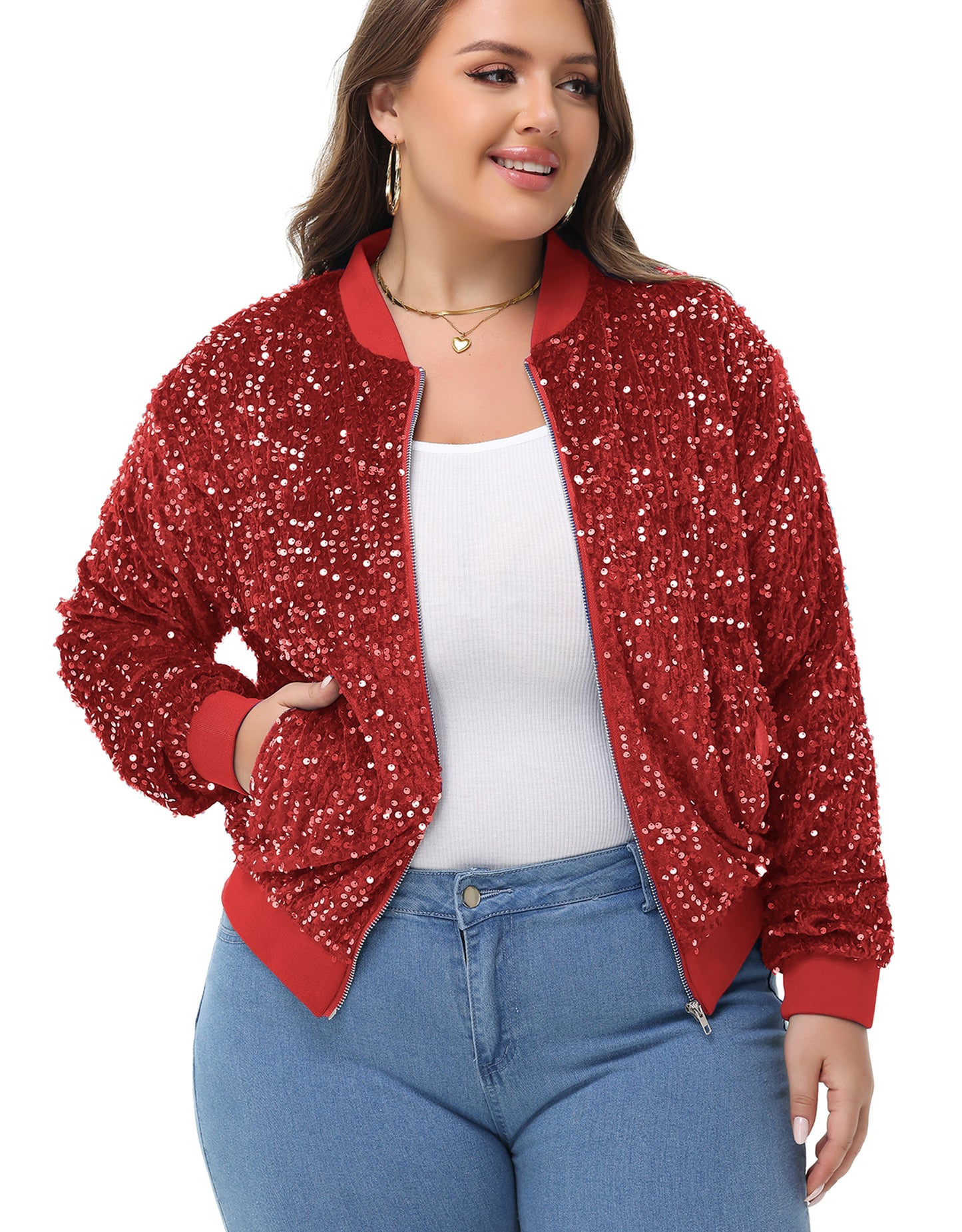 Anna-Kaci Women's Sequin Jacket Plus Size Sparkly Zip Bomber Coat With Pockets For Concert Party