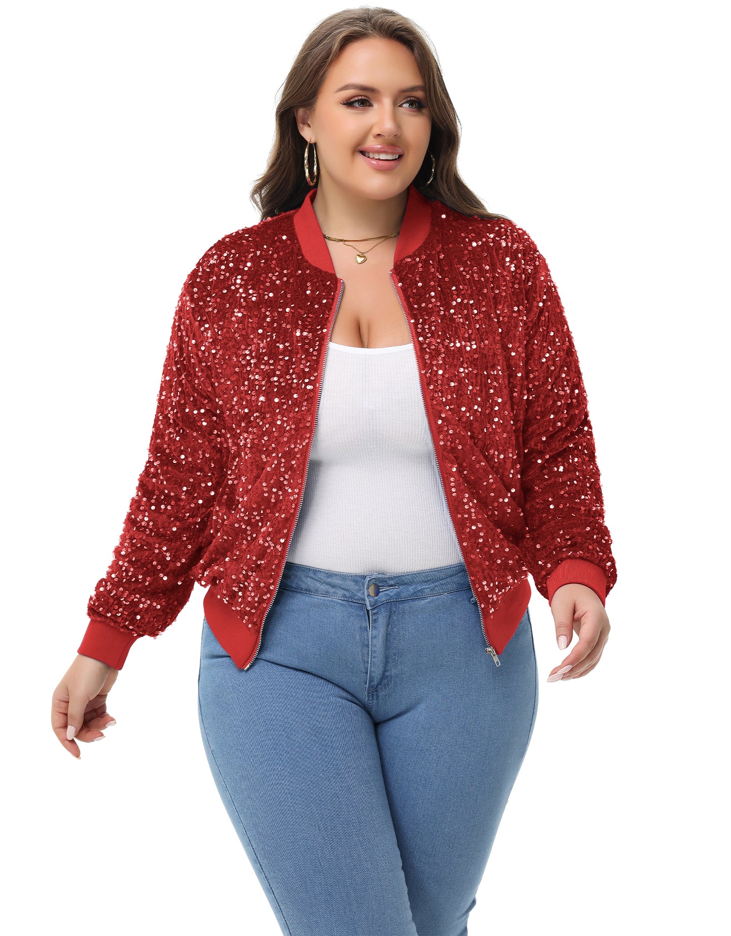 Anna-Kaci Women's Sequin Jacket Plus Size Sparkly Zip Bomber Coat With Pockets For Concert Party