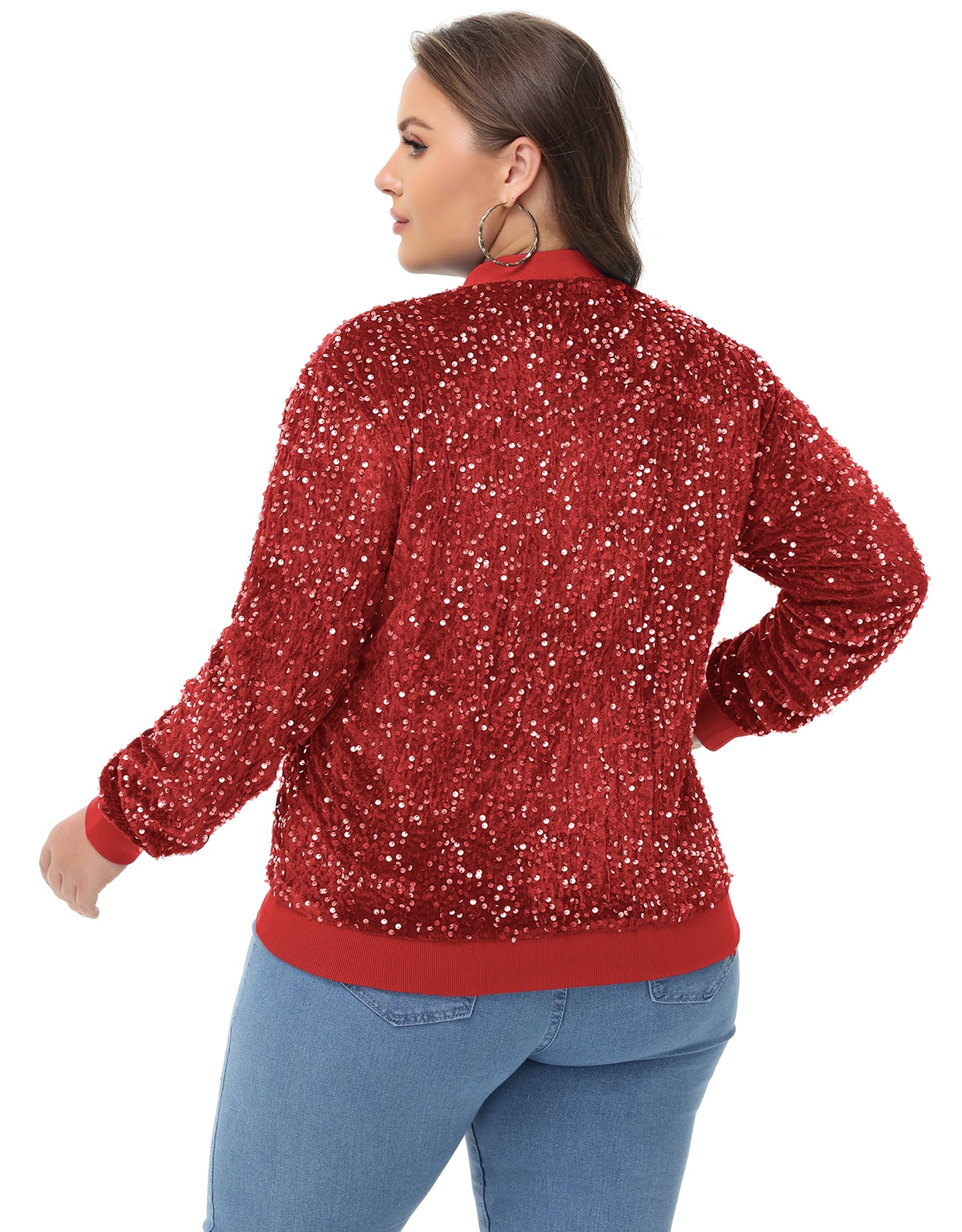 Anna-Kaci Women's Sequin Jacket Plus Size Sparkly Zip Bomber Coat With Pockets For Concert Party