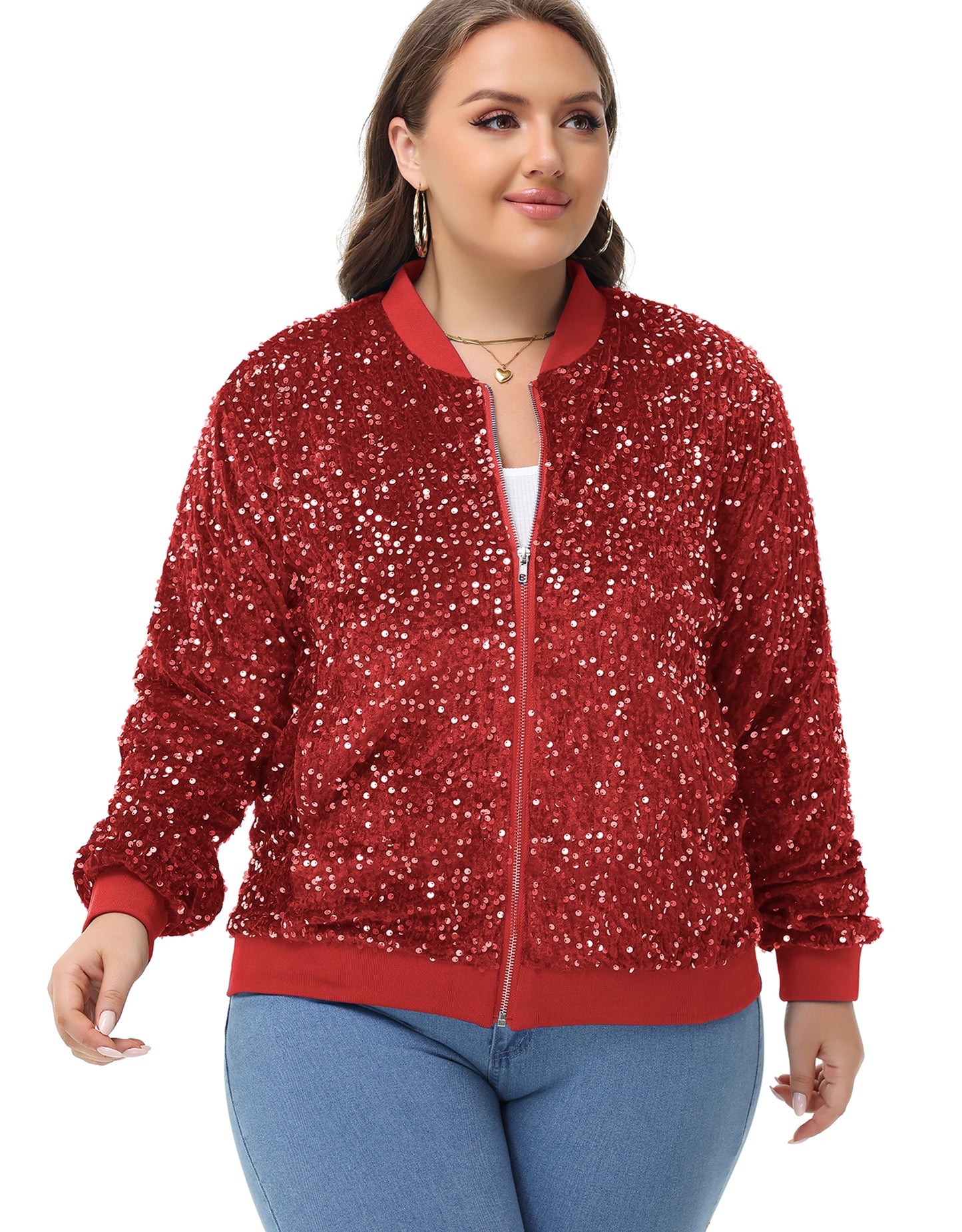 Anna-Kaci Women's Sequin Jacket Plus Size Sparkly Zip Bomber Coat With Pockets For Concert Party