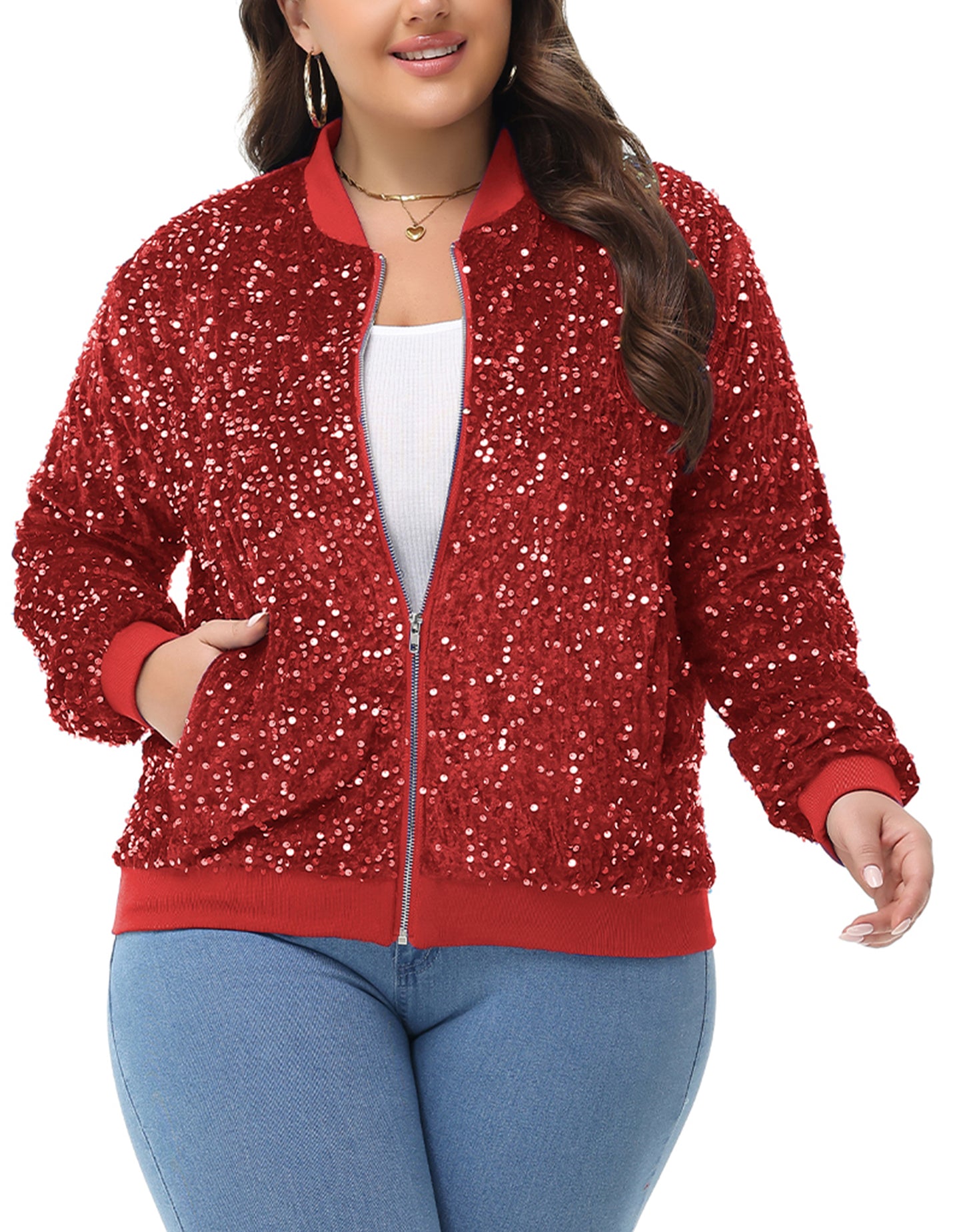 Anna-Kaci Women's Sequin Jacket Plus Size Sparkly Zip Bomber Coat With Pockets For Concert Party