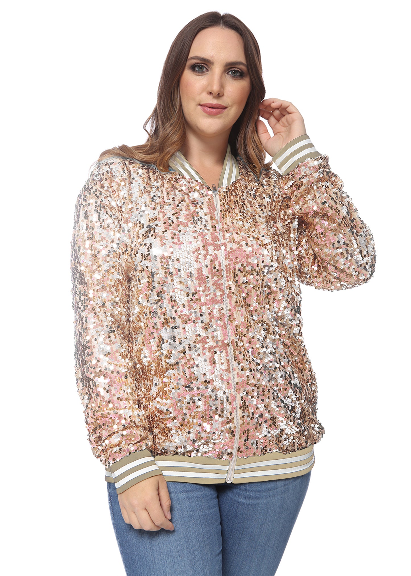 Plus Size Sequin Bomber Jacket