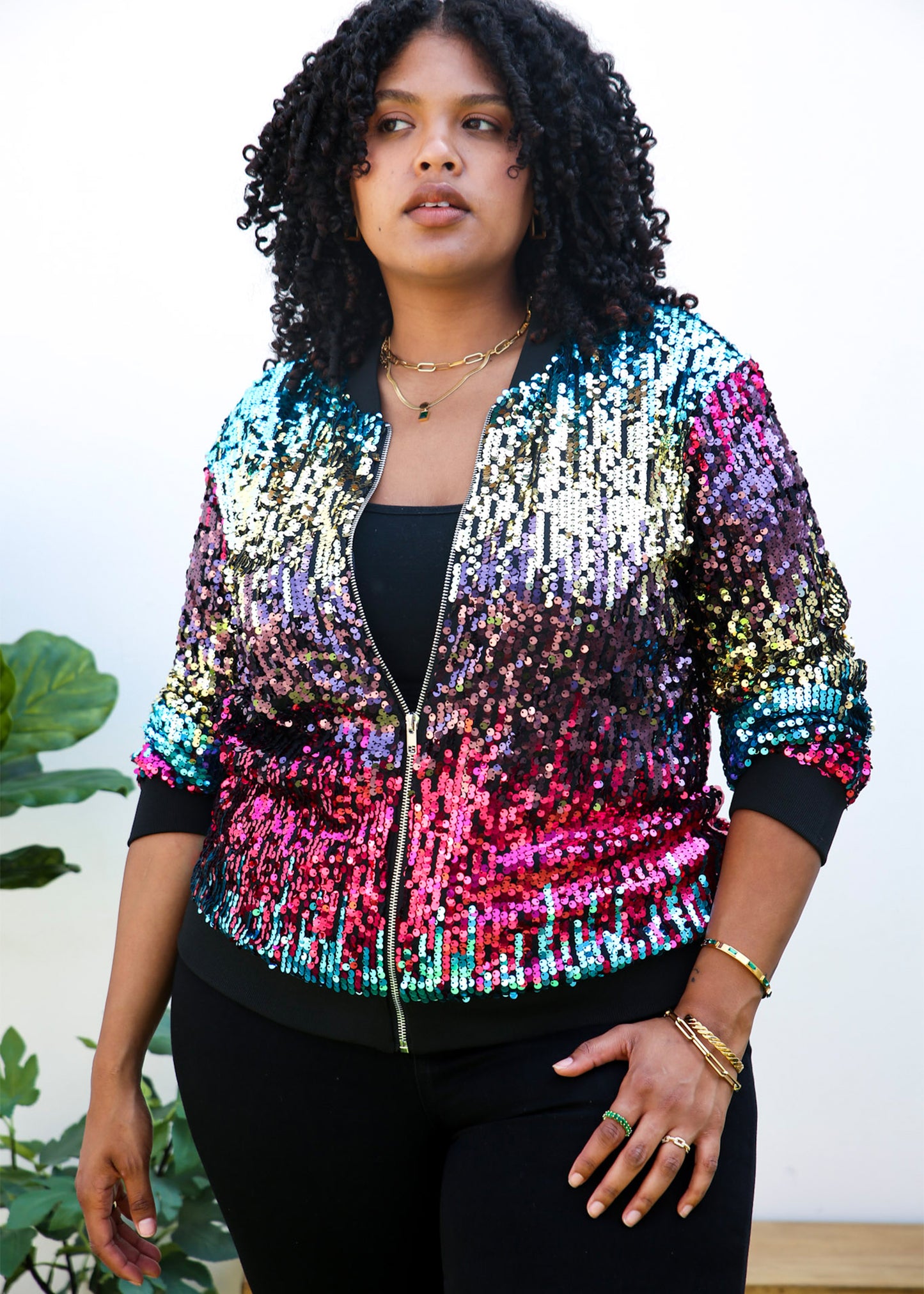 Plus Size Sequin Bomber Jacket