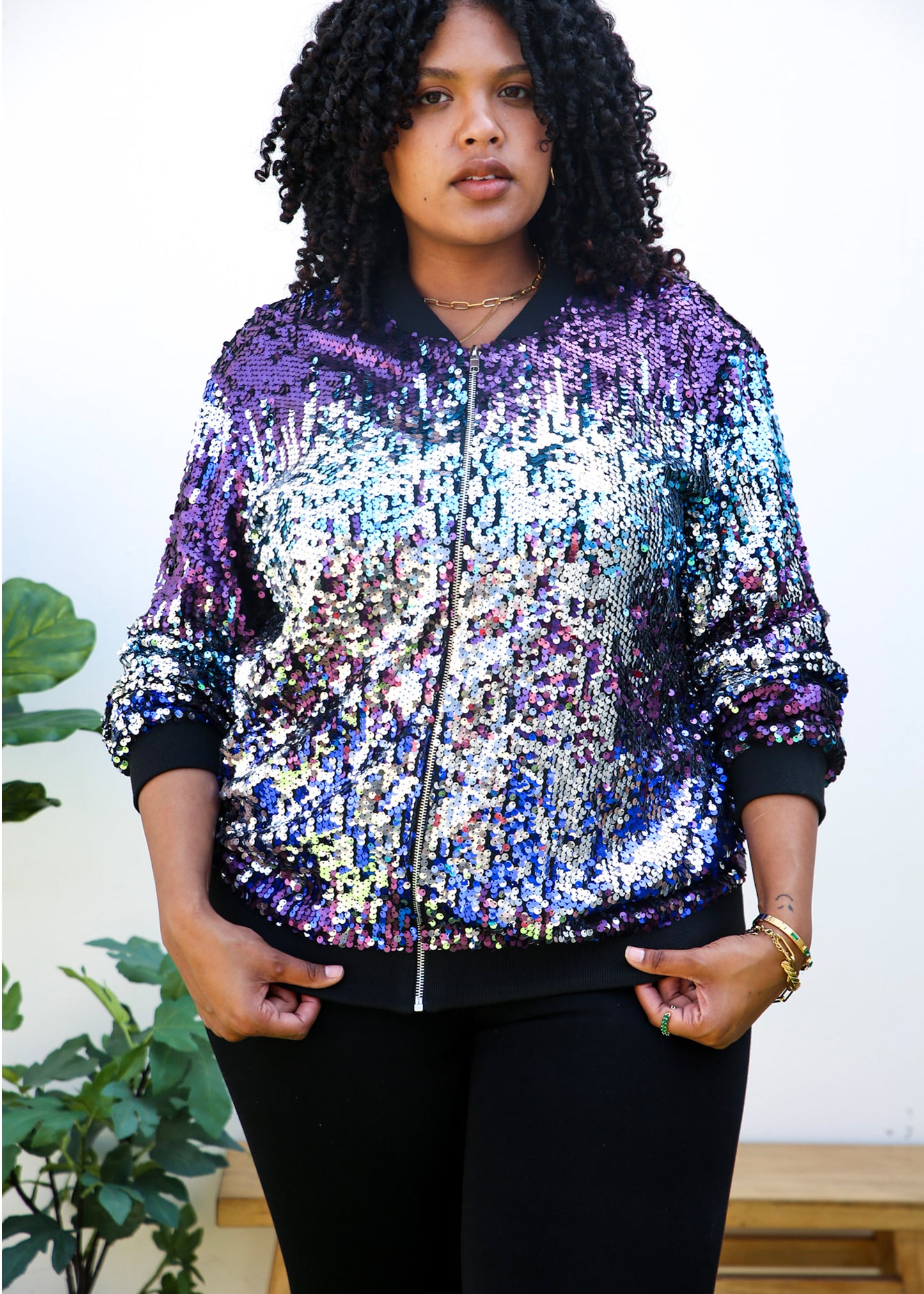 Plus Size Sequin Bomber Jacket