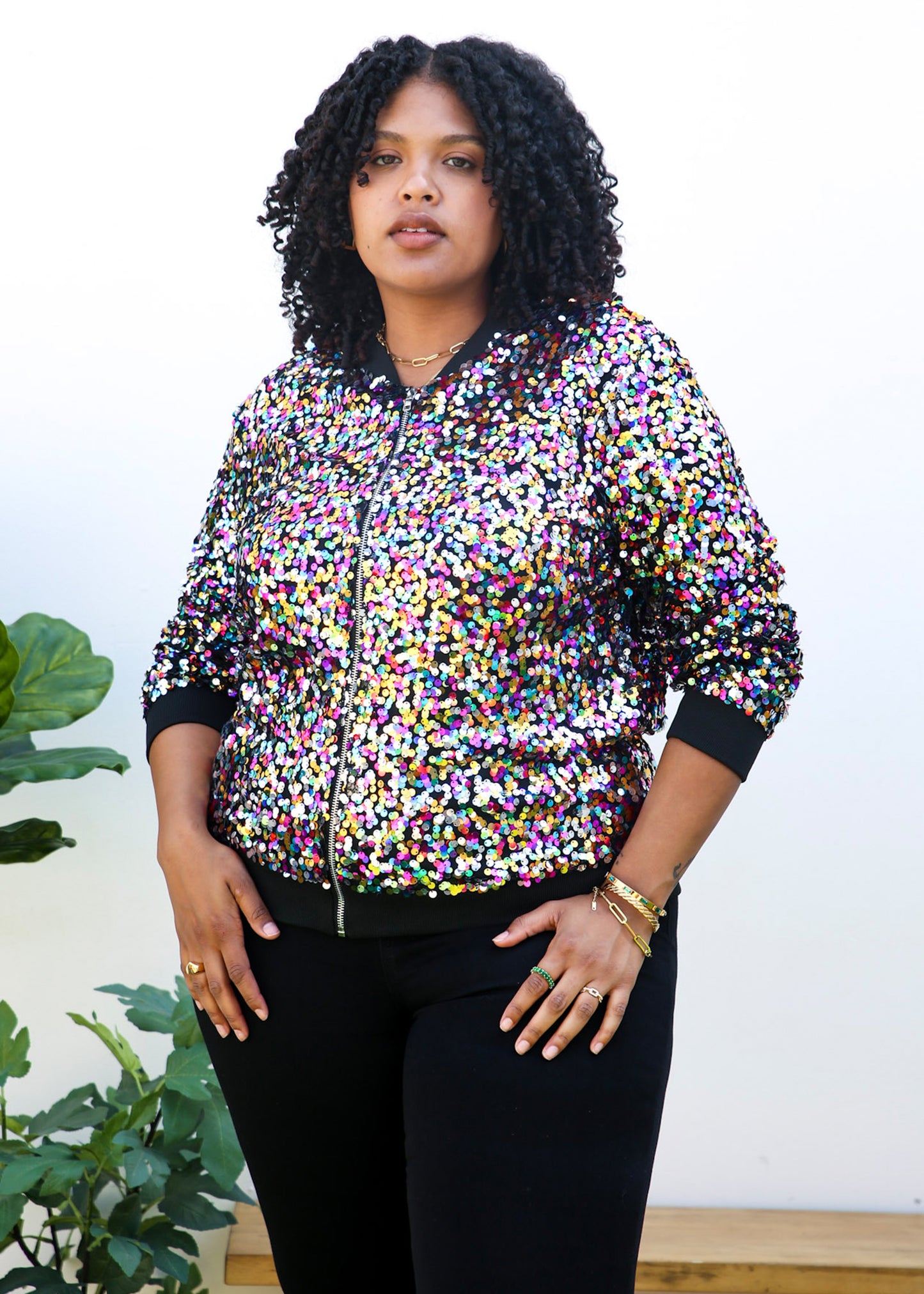 Plus Size Sequin Bomber Jacket