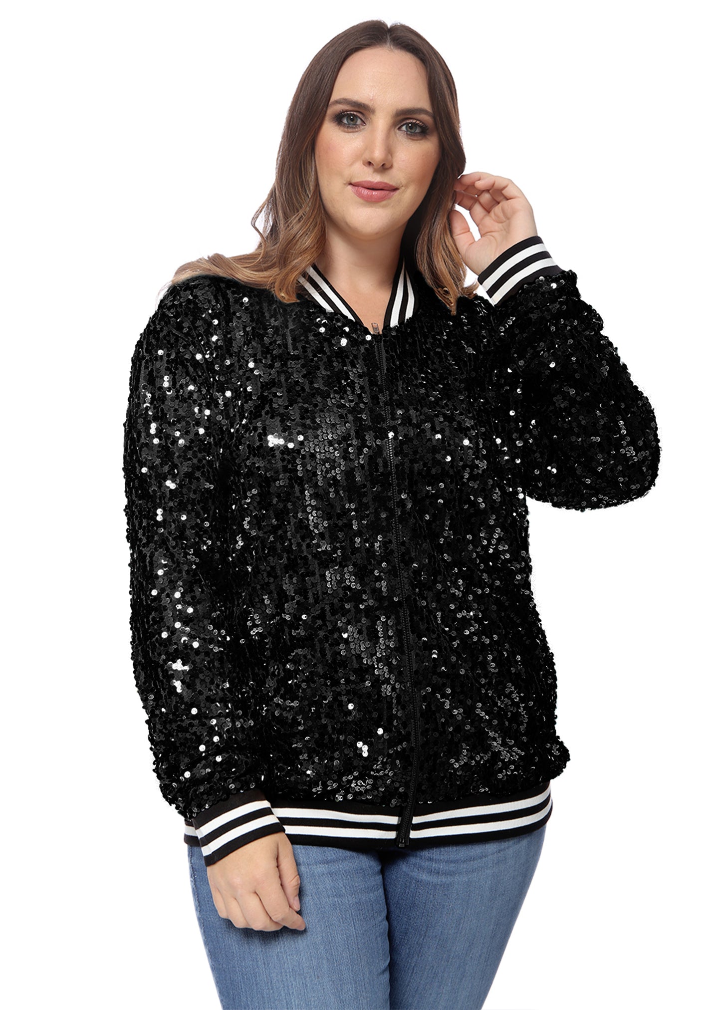 Plus Size Sequin Bomber Jacket