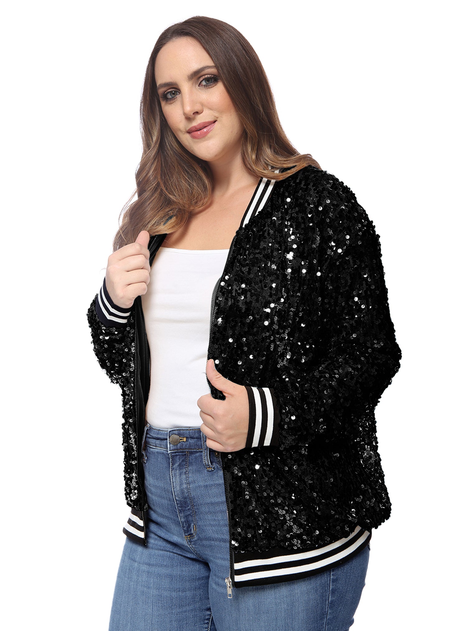 Plus Size Sequin Bomber Jacket