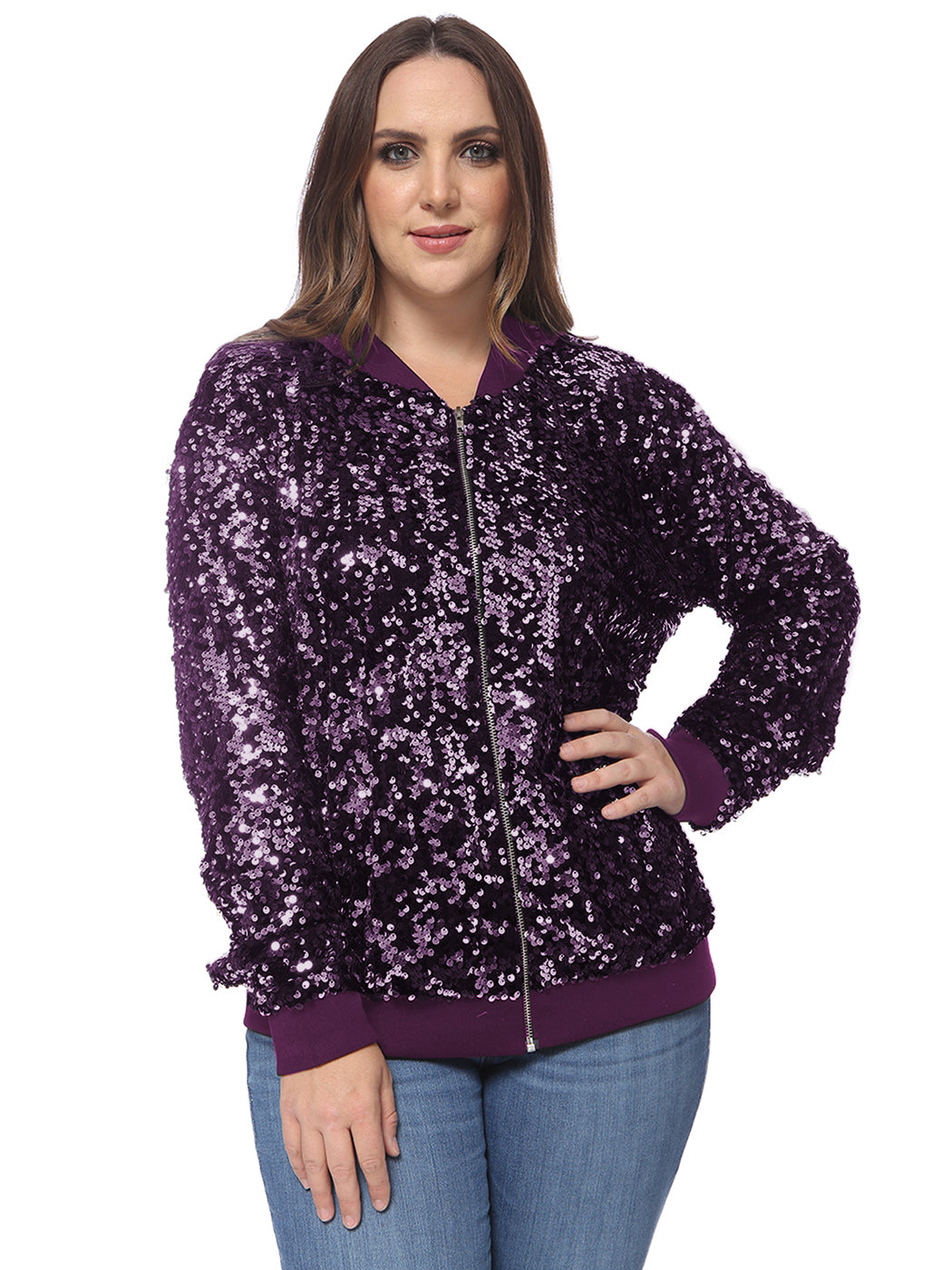 Plus Size Sequin Bomber Jacket