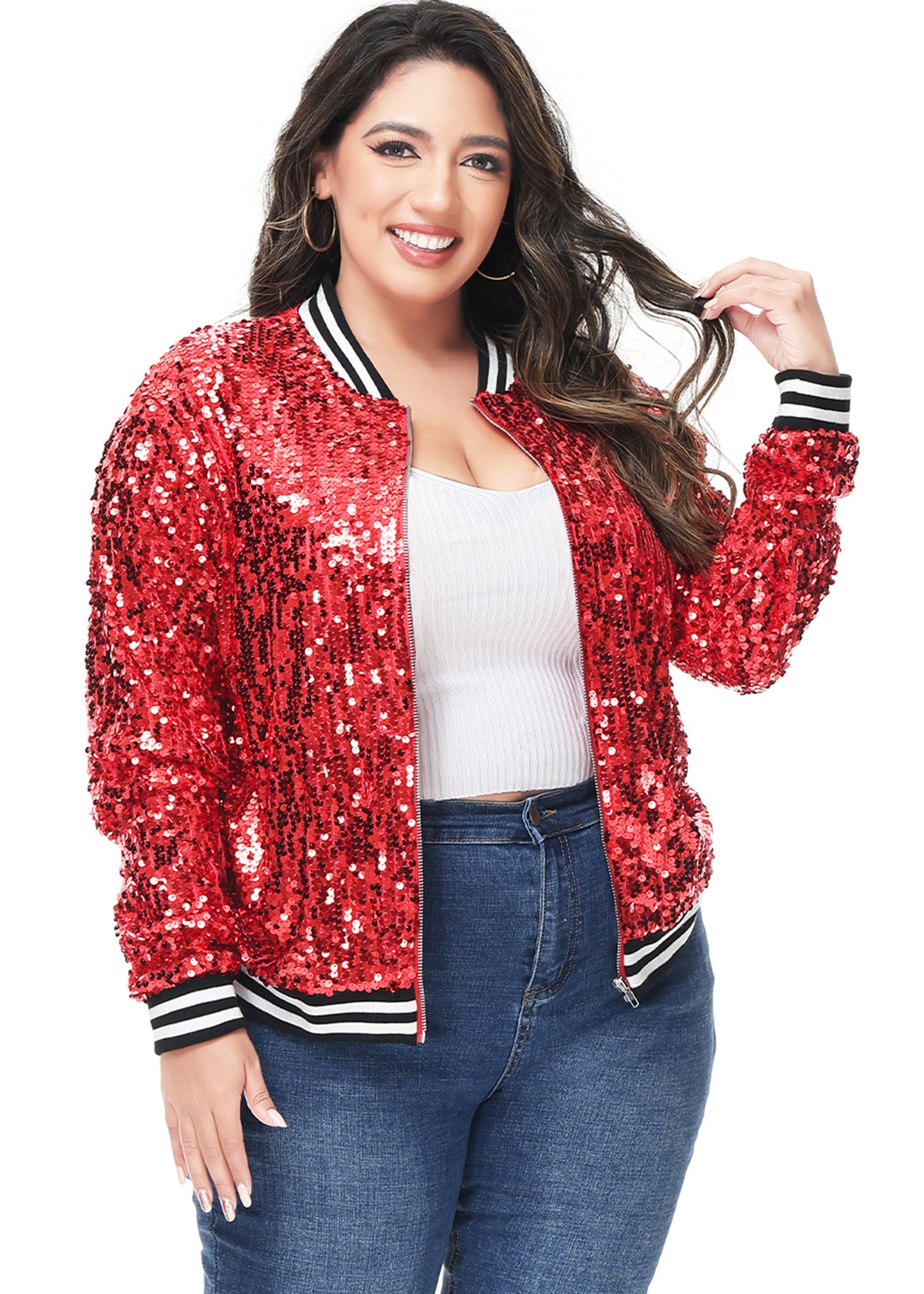 Plus Size Sequin Bomber Jacket