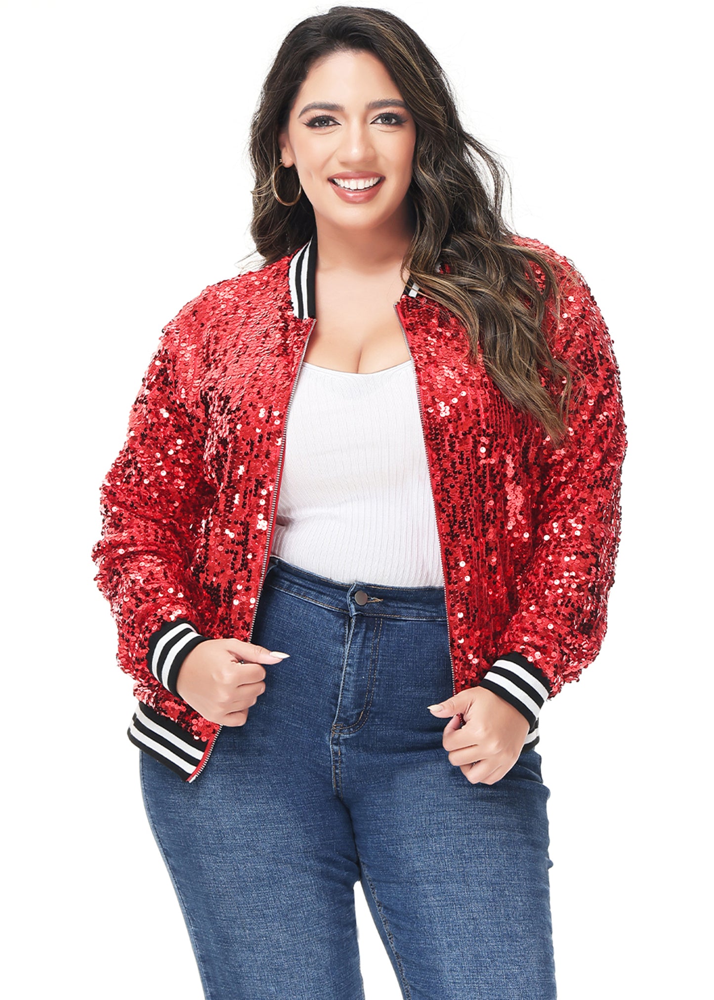 Plus Size Sequin Bomber Jacket