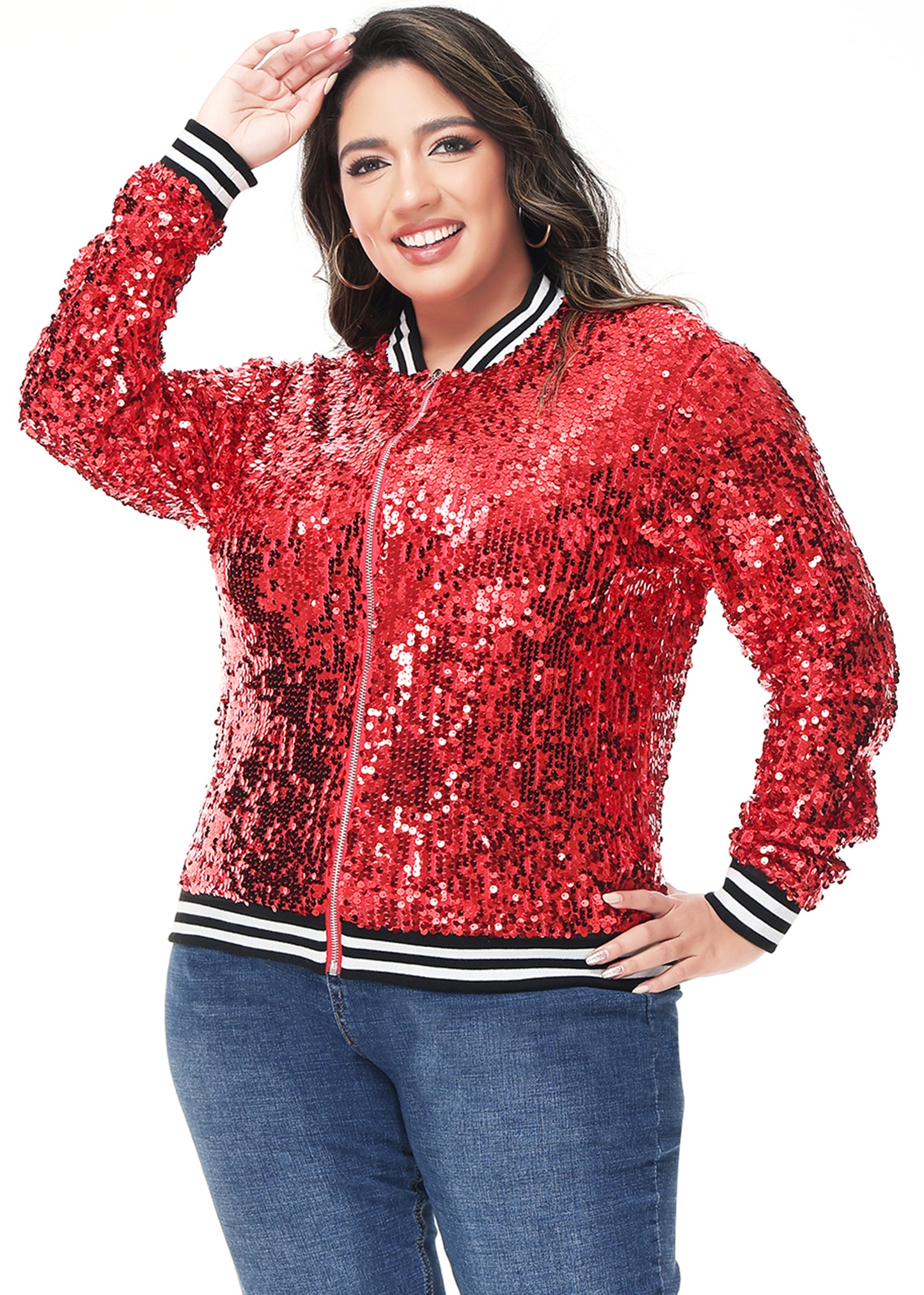 Plus Size Sequin Bomber Jacket