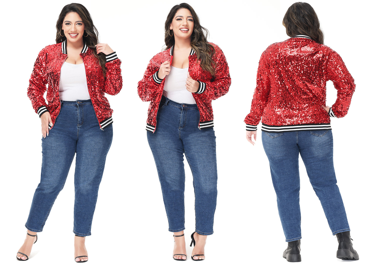 Plus Size Sequin Bomber Jacket