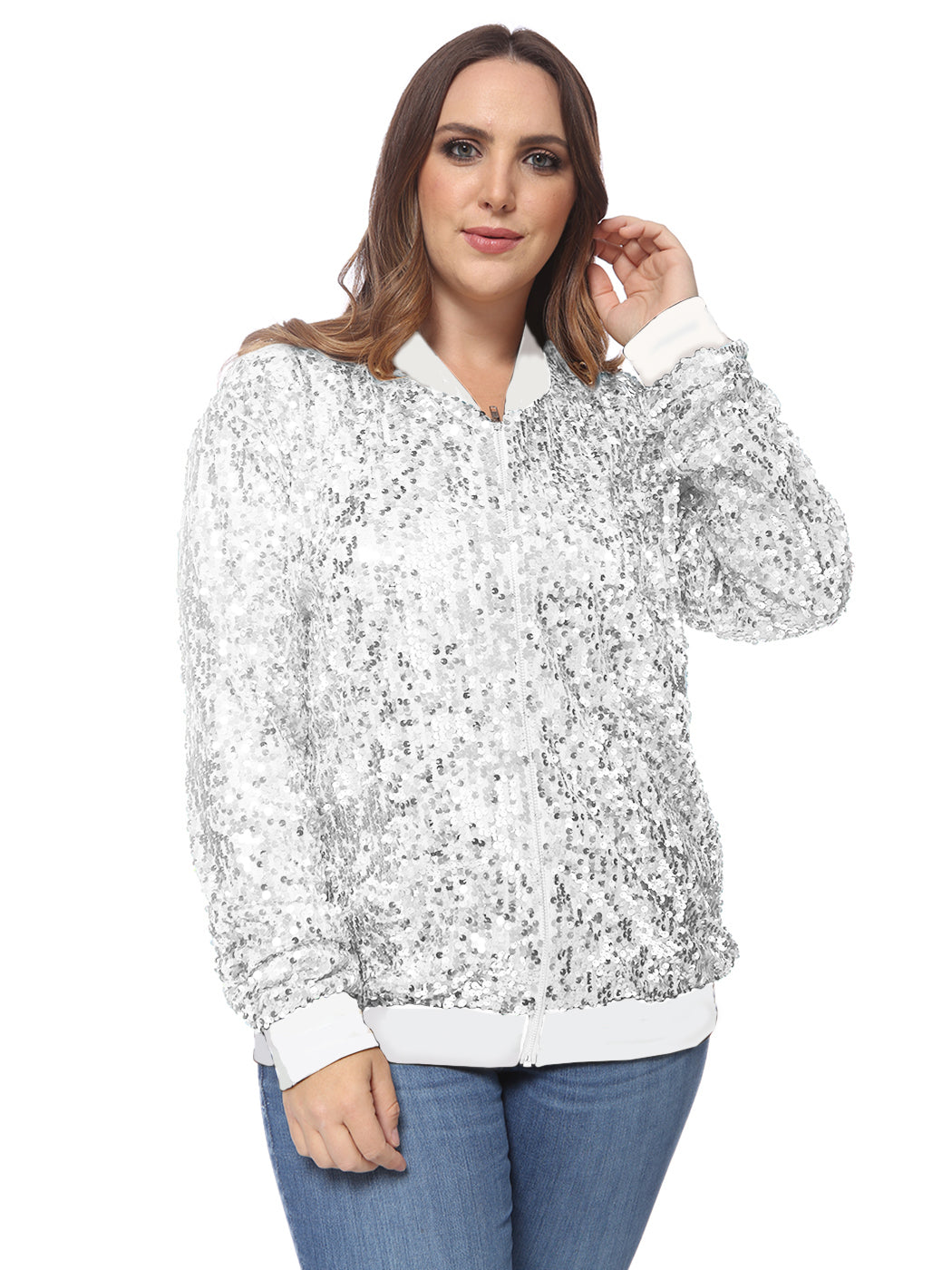 Plus Size Sequin Bomber Jacket