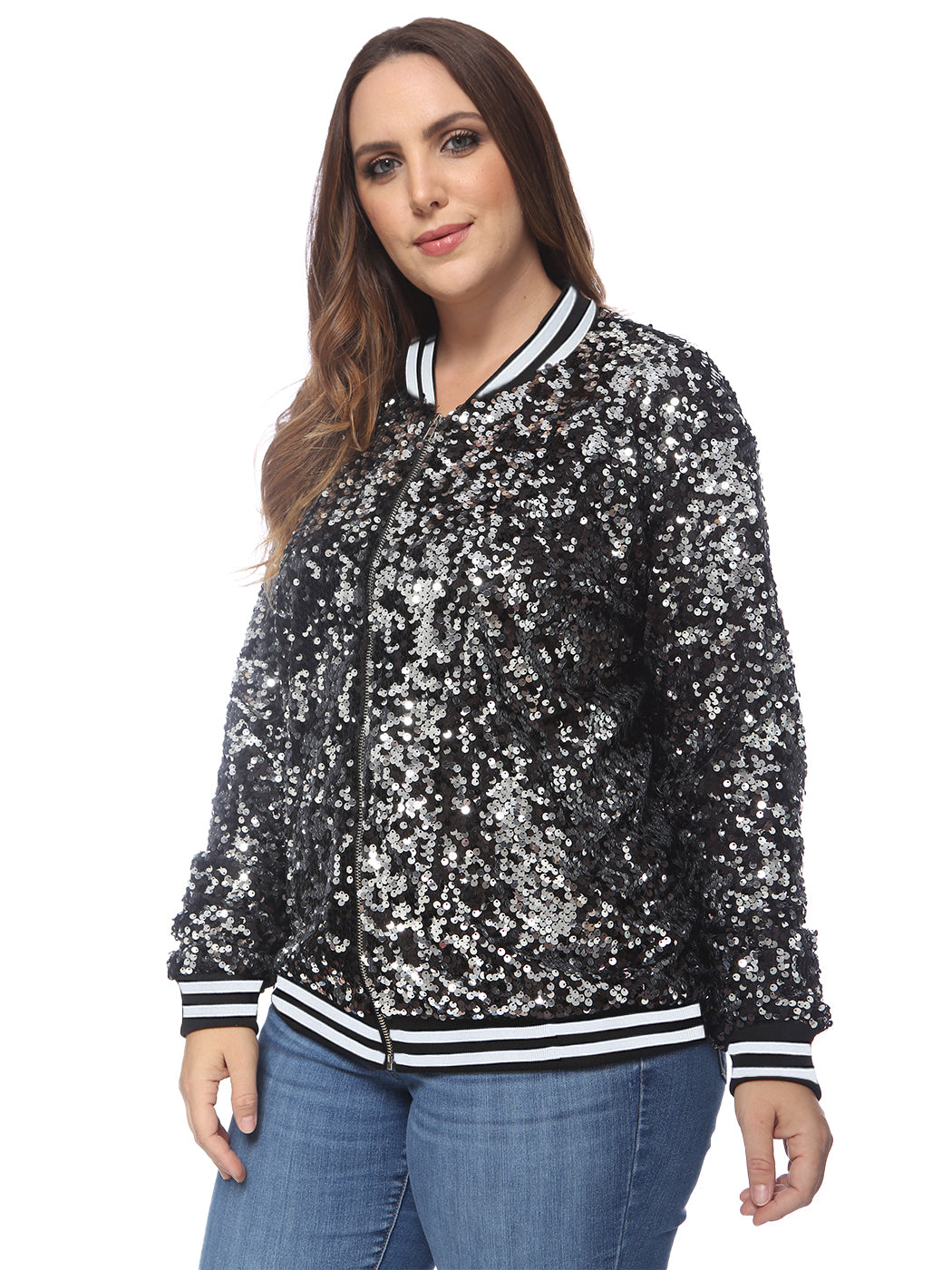 Plus Size Sequin Bomber Jacket