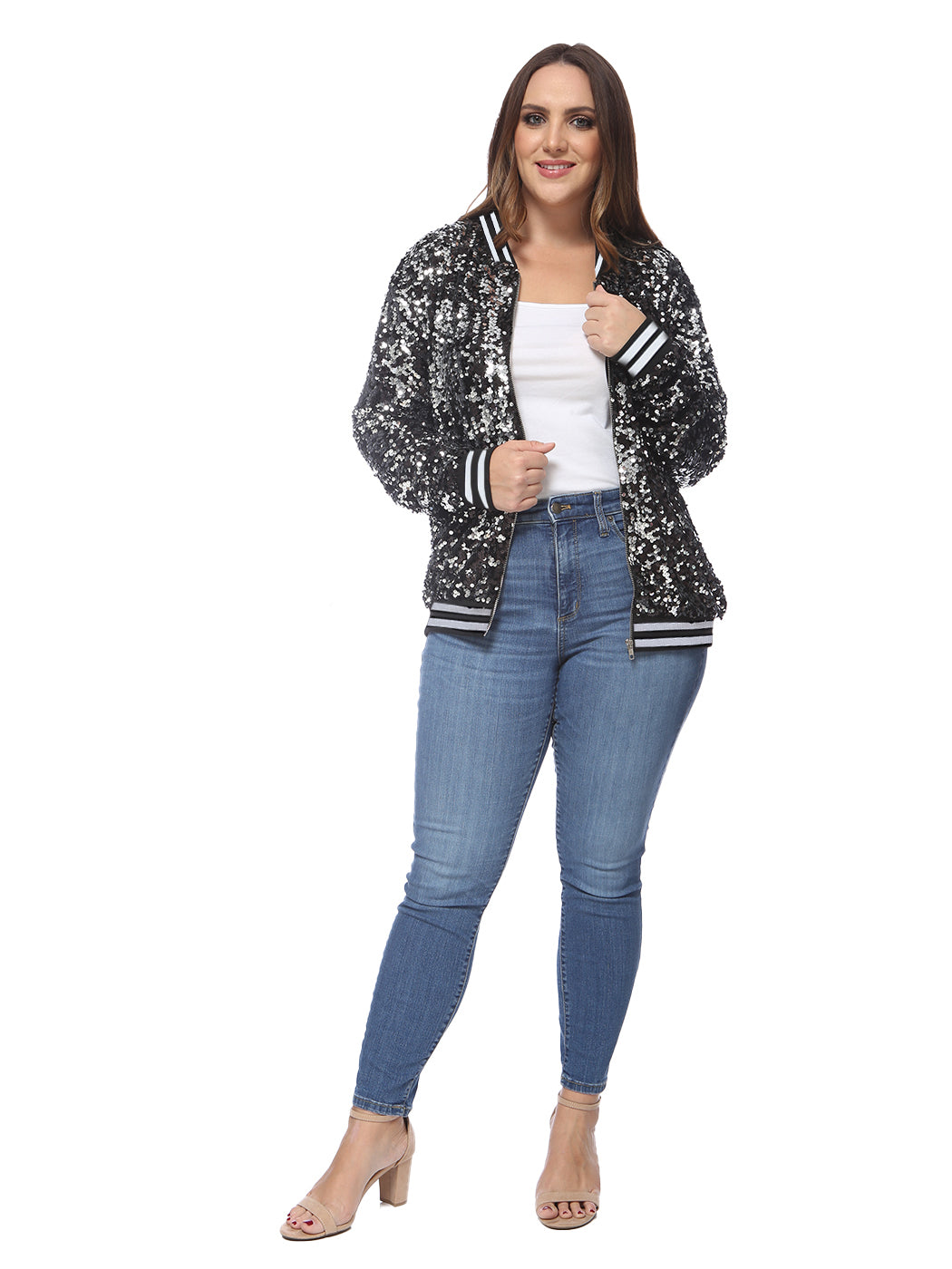 Plus Size Sequin Bomber Jacket