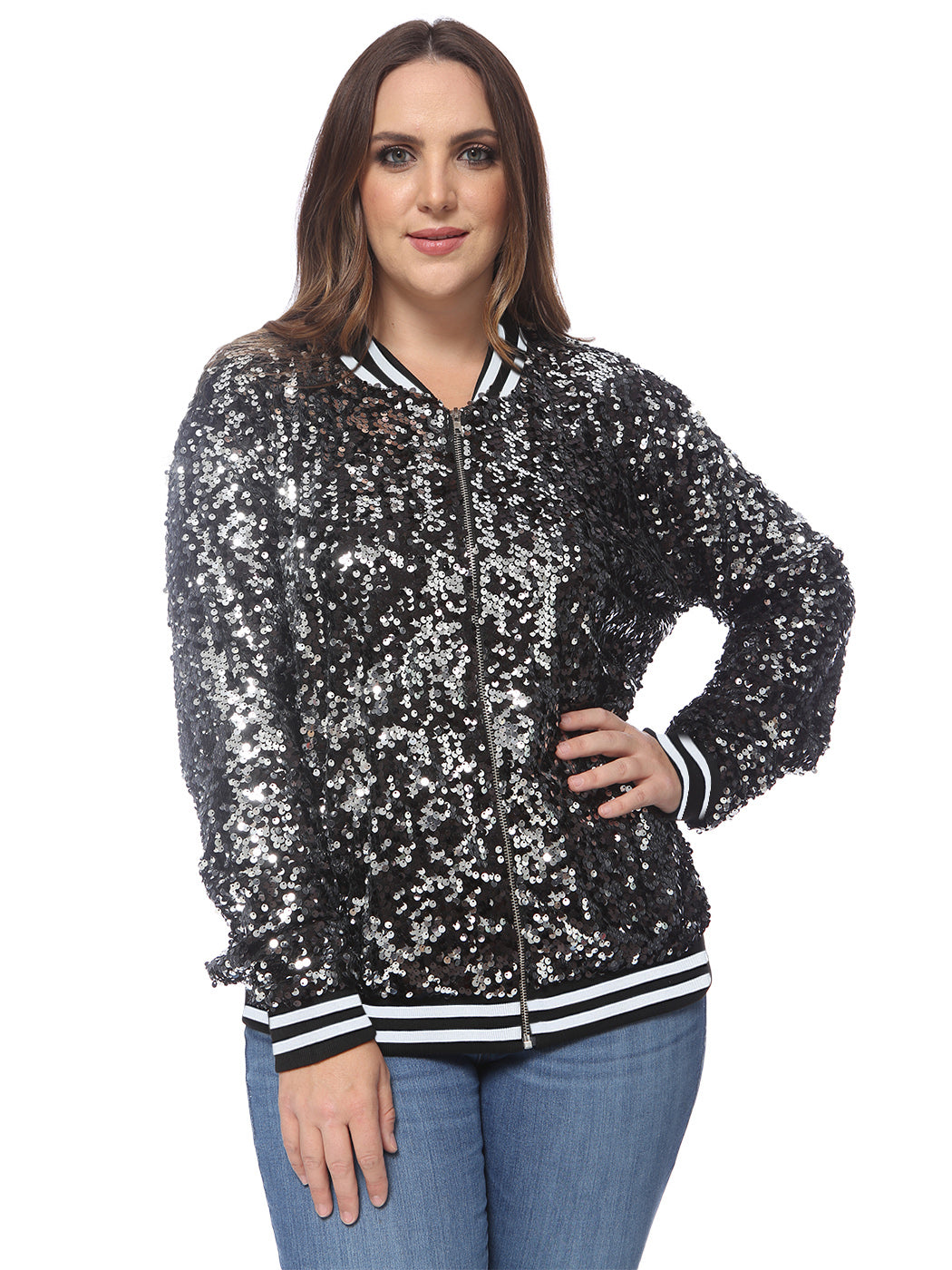 Plus Size Sequin Bomber Jacket