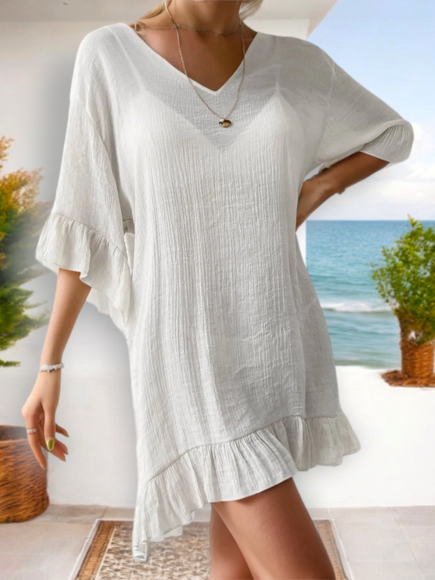 Anna-Kaci Women's V-Neck Ruffle Hem Loose Fit Tunic Dress