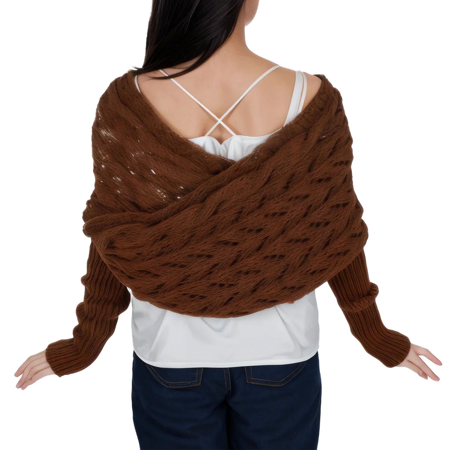 Anna-Kaci Womens Multifunctional Scarf with Sleeves Solid Color Crochet Knitted Cable Scarf Sweater Wraps