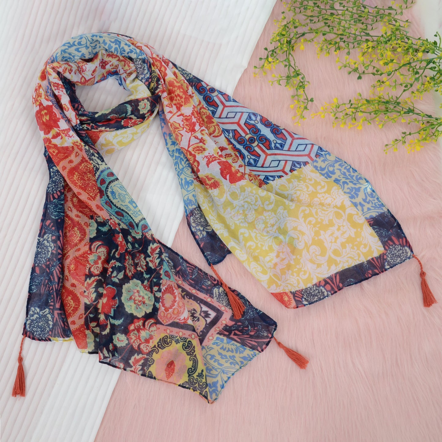 Anna-Kaci Women's Boho Floral Printed Scarf Fashion Fringed Colorful Shawl Wrap Scarves