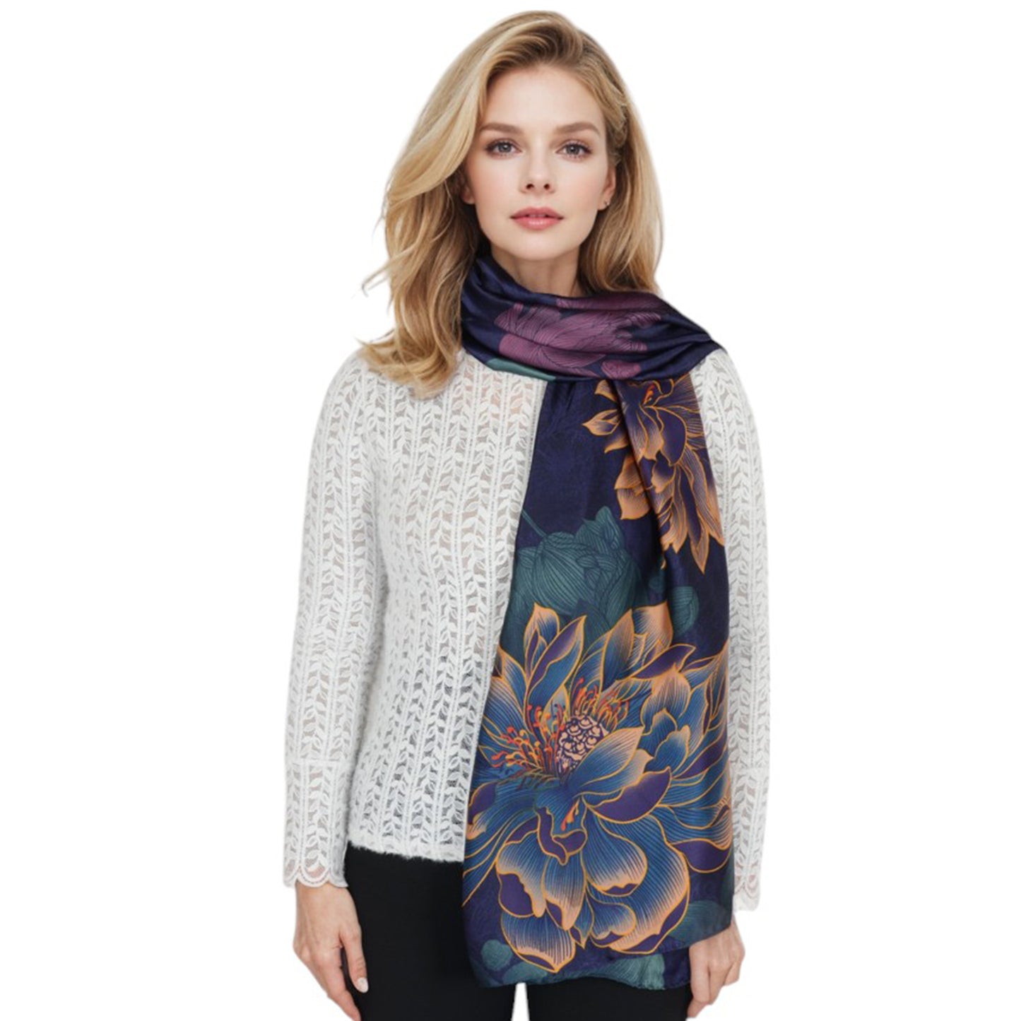 Anna-Kaci Women's Luxury Floral Pattern Satin Scarf Lightweight Silky Wrap Shawl Scarves for Evening Dresses