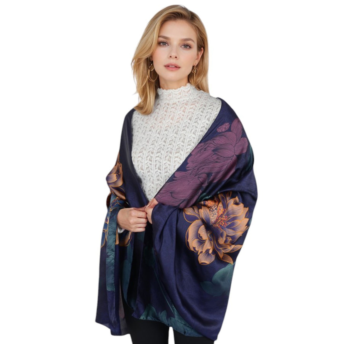 Anna-Kaci Women's Luxury Floral Pattern Satin Scarf Lightweight Silky Wrap Shawl Scarves for Evening Dresses