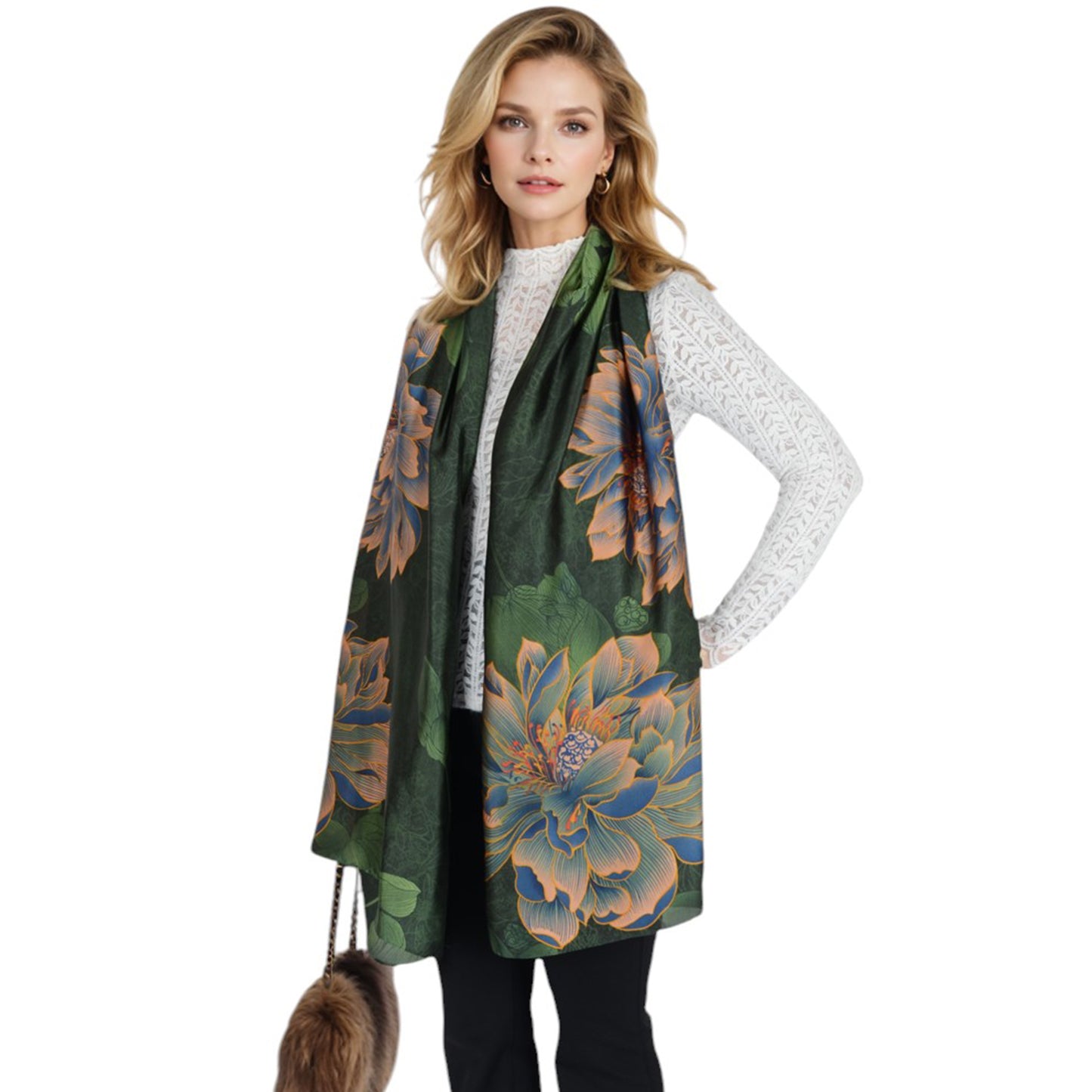 Anna-Kaci Women's Luxury Floral Pattern Satin Scarf Lightweight Silky Wrap Shawl Scarves for Evening Dresses