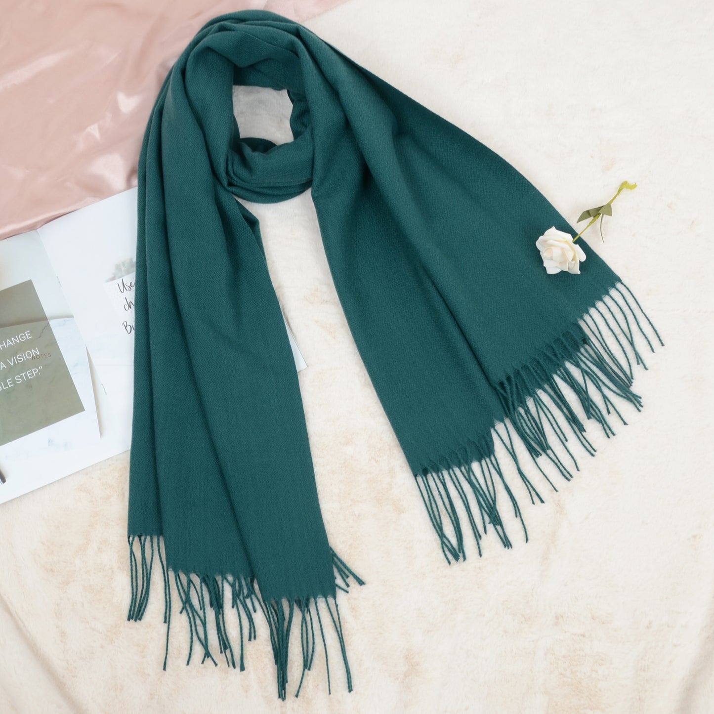 Anna-Kaci Women's Winter Cashmere Feel Scarf Solid Color Classic Fringe Shawls Wrap Scarves for Evening Dresses