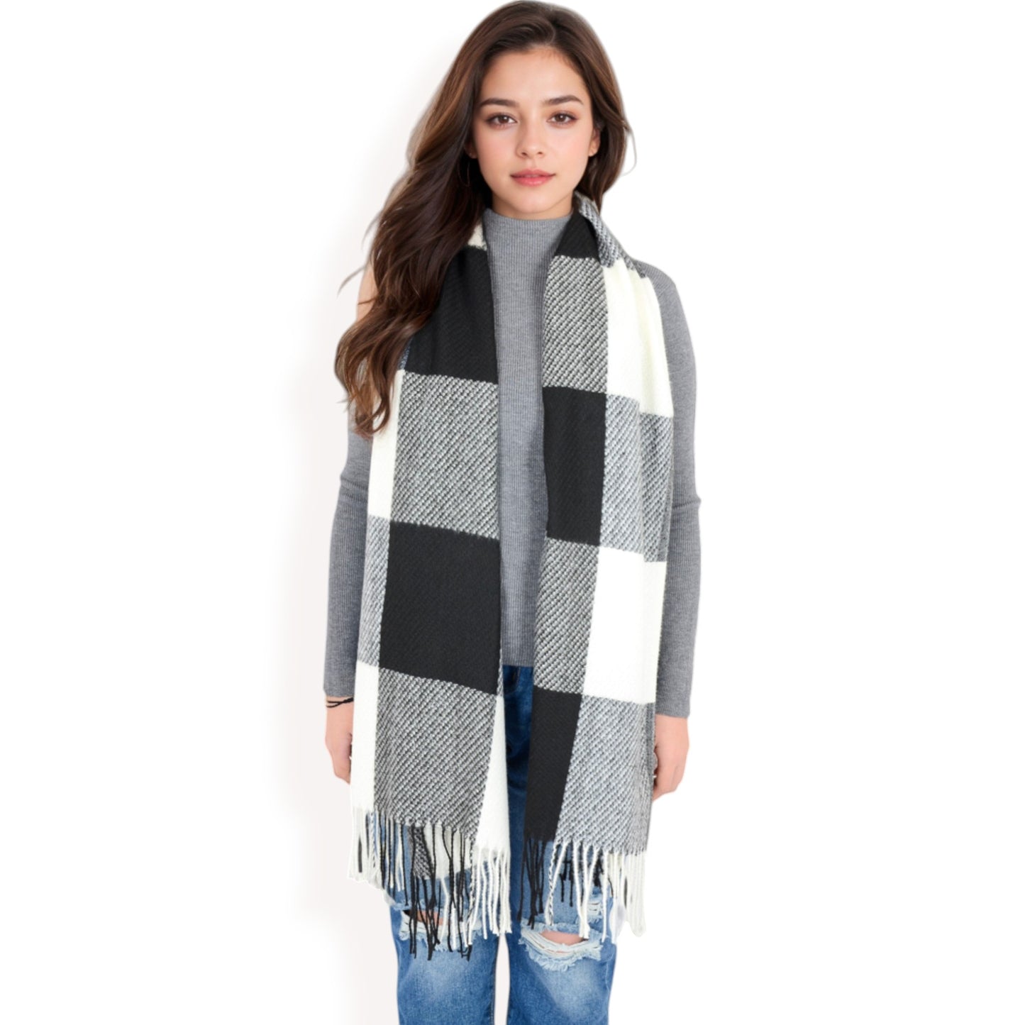 Anna-Kaci Women's Oversized Plaid Blanket Scarf with Fringe Trim and Soft Textured Fabric