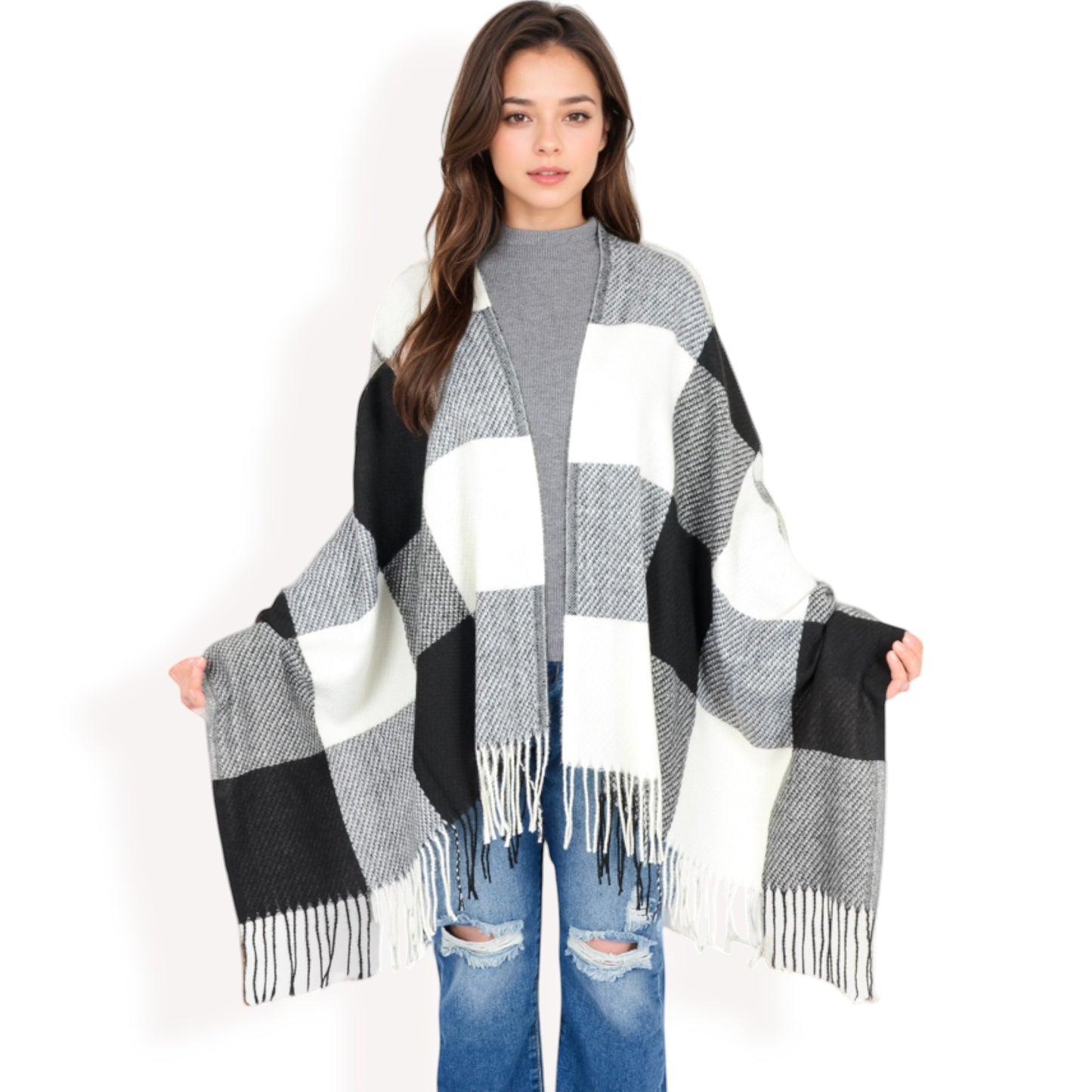 Anna-Kaci Women's Oversized Plaid Blanket Scarf with Fringe Trim and Soft Textured Fabric